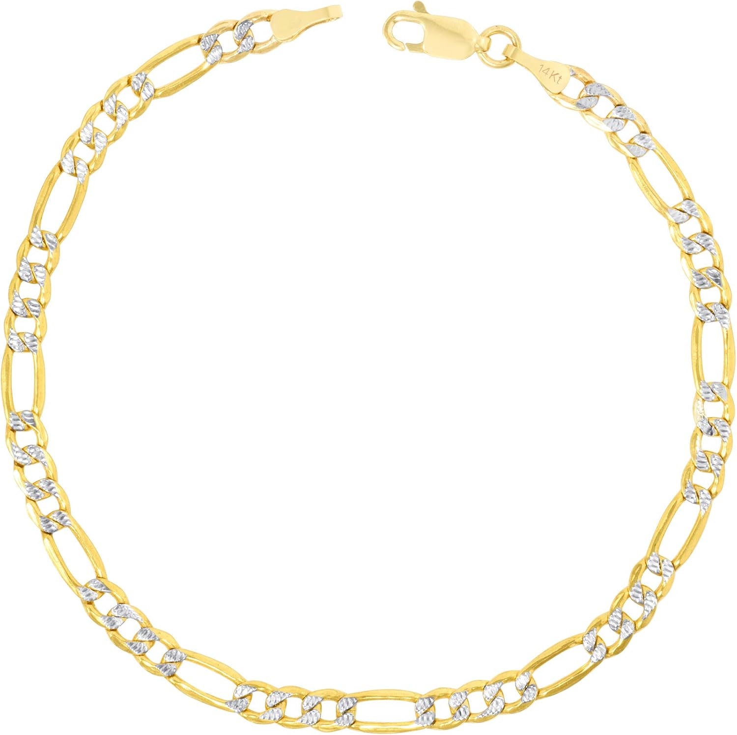 Nuragold 14k Real Yellow Gold Solid Figaro Link 5mm Diamond Cut Pave Chain Bracelet (7"-9") Two Tone Italian Jewelry for Men & Women