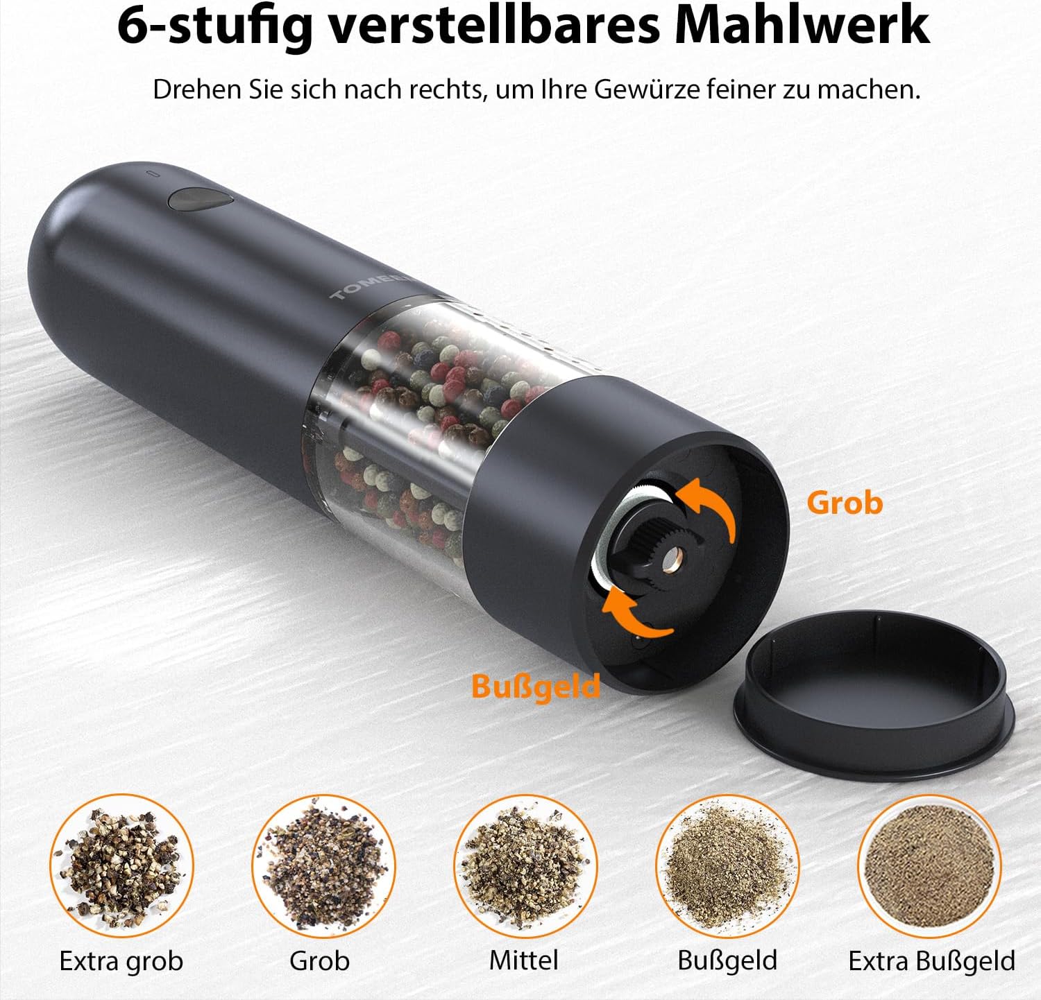 TOMEEM Electric Grinder showing grind adjustment mechanism