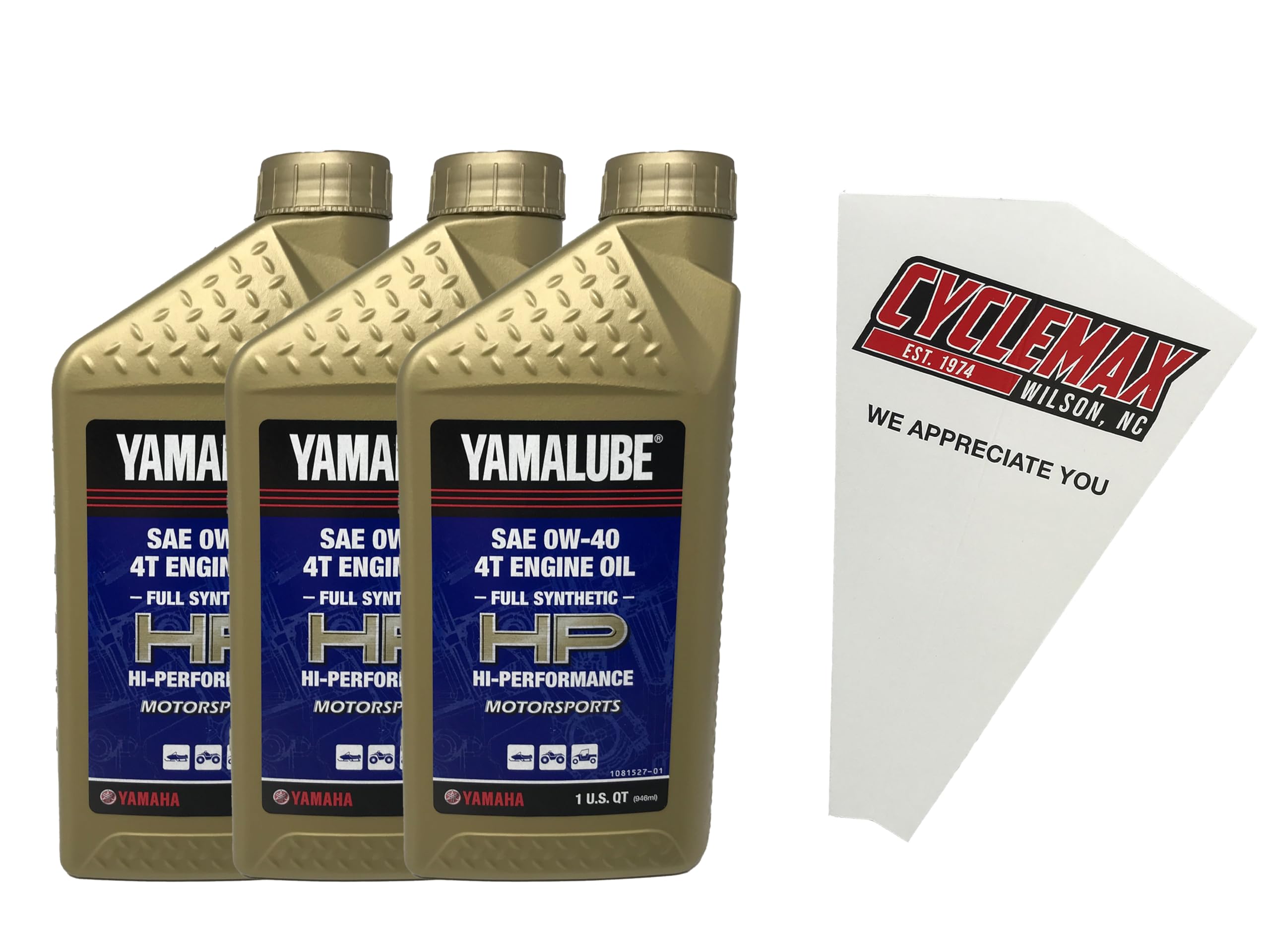 Three Pack compatible with Yamaha Yamalube Full Synthetic 4-Stroke Engine 0W-40 Oil LUB-00W40-FS-12 Contains Three Quarts and a Funnel