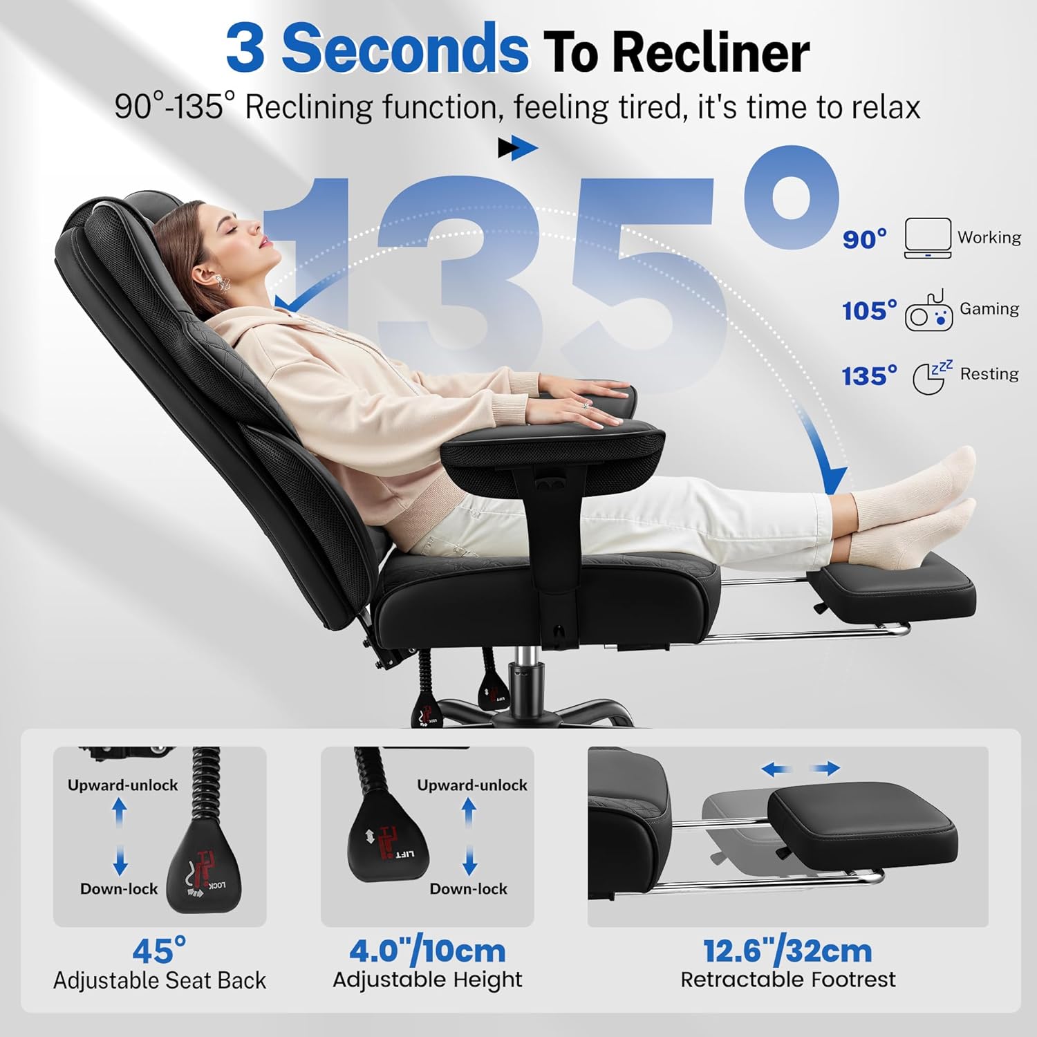 FelixKing Big and Tall Office Chair 500lbs - Ergonomic Desk Chair with Footrest, Scratch-Resistant PU Leather Computer Chair, 4D Lumbar Support Gaming Chair, Comfy Reclining Swivel Work Chair, Black