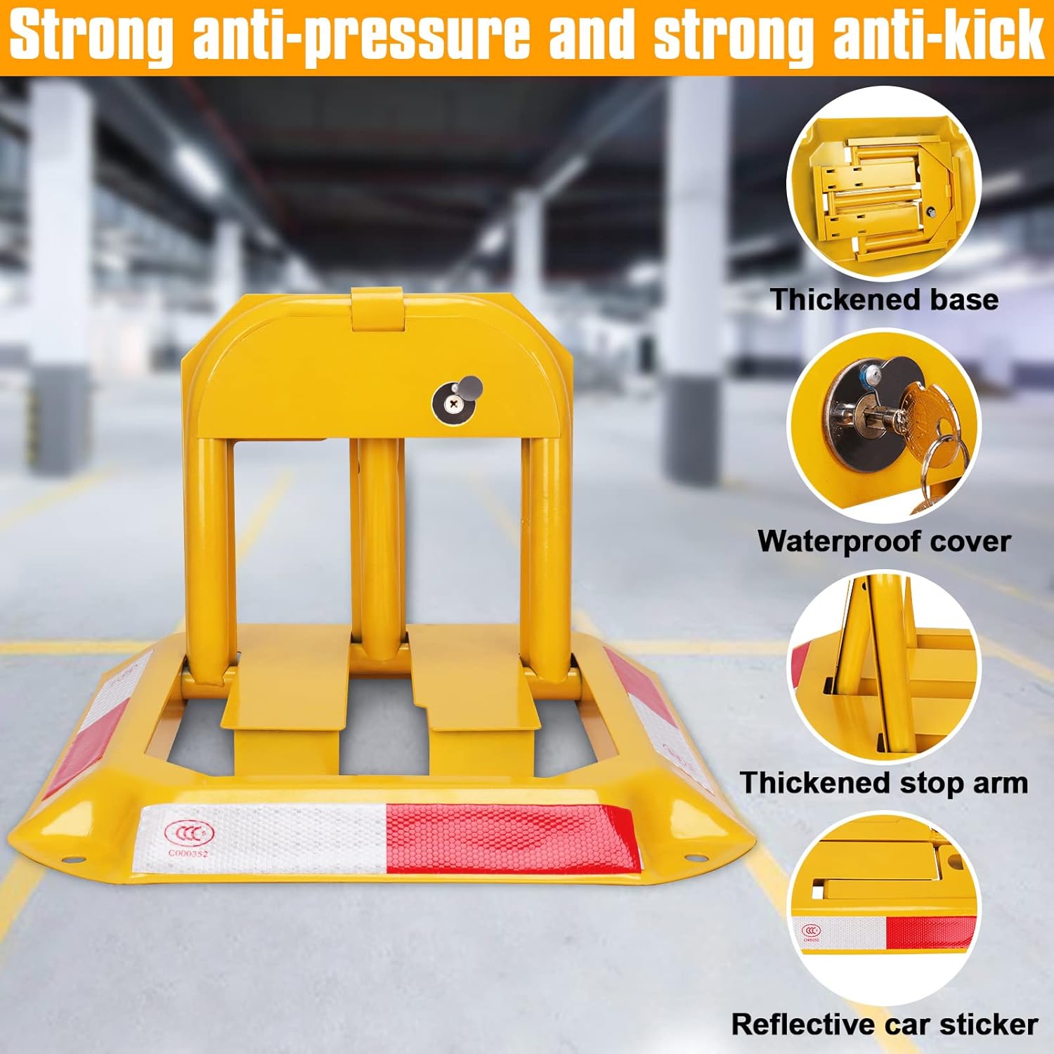 Tevlaphee Orange Foldable Parking Barrier, Cylindrical Lock, Double Lock Design for Extra Protection