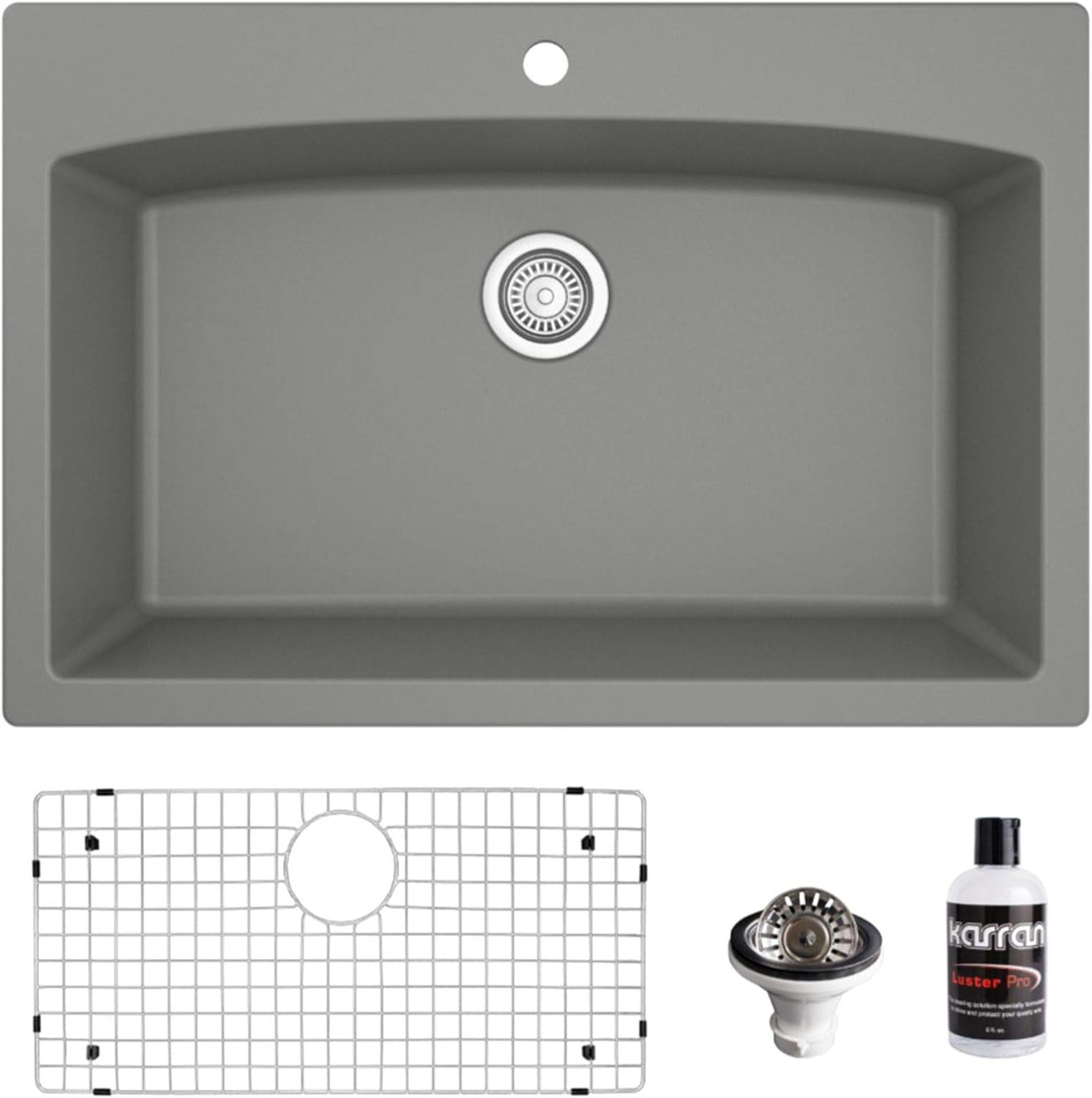 Karran QT-712 Drop-In Quartz Composite 33 in. 1-Hole Single Bowl Kitchen Sink Kit in Grey