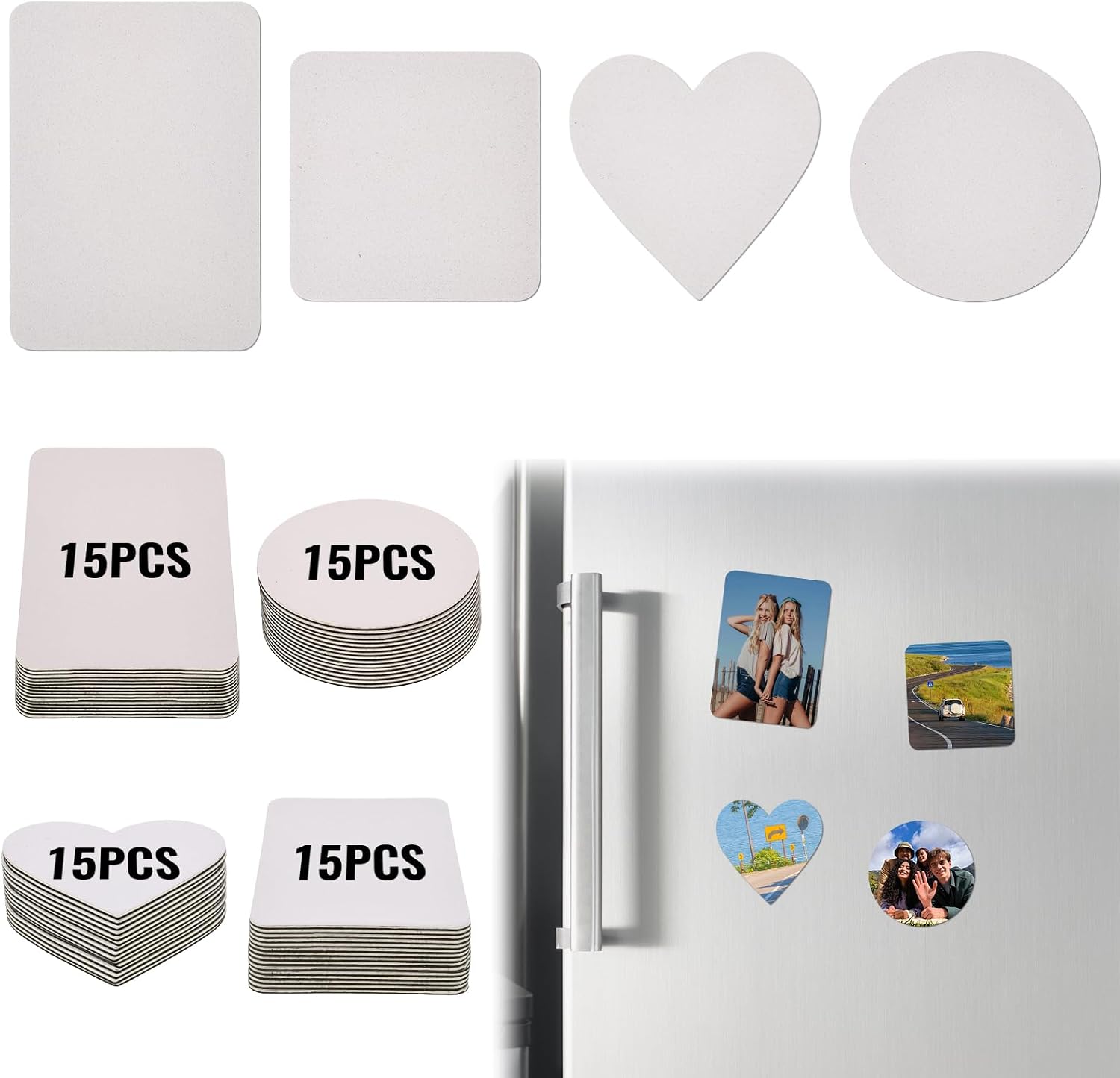 60 Pcs Sublimation Magnet Blanks, DIY Personalized Fridge Magnets Soft Refrigerator Magnetic Sticker Blanks for Home Kitchen Microwave (60, Squares + Rectangles + Heart Shapes + Circles)