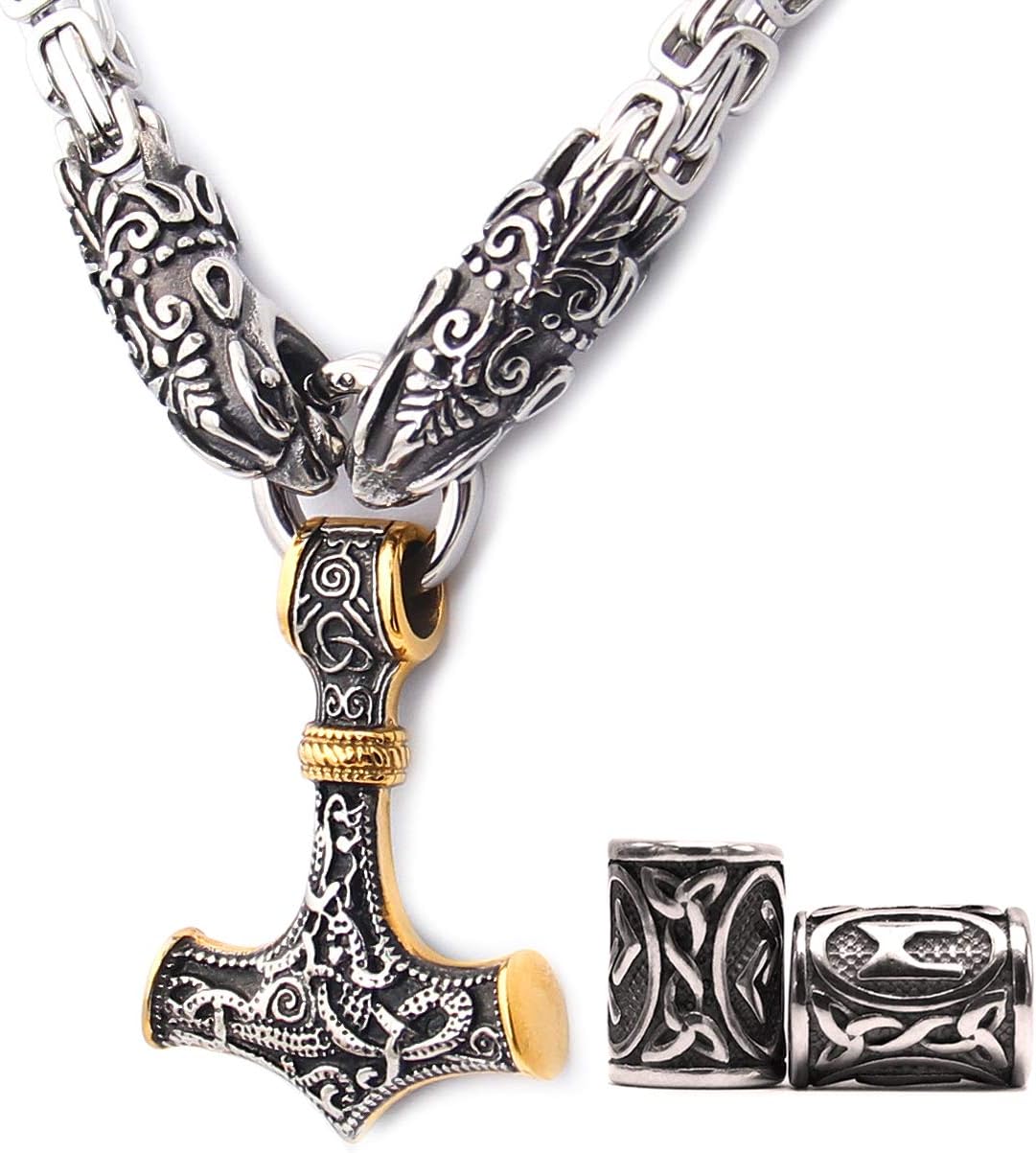 GUNGNEER Viking Mjolnir Thor Hammer Necklace Mixed Gold Pendant With Square Fenrir Wolf Byzantine King Chain Mixed Gold Stainless Steel Norse Viking Jewelry Men