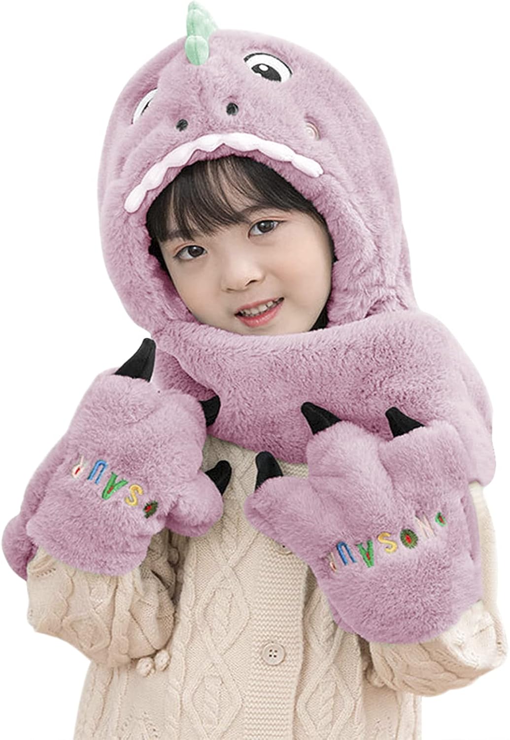 Toddler Kids Cartoon Dinosaur Fleece Plush Hat Gloves Scarf 3 in 1 Set Girls Boys Winter Cute Warm Long Hoodie Earflap Hat