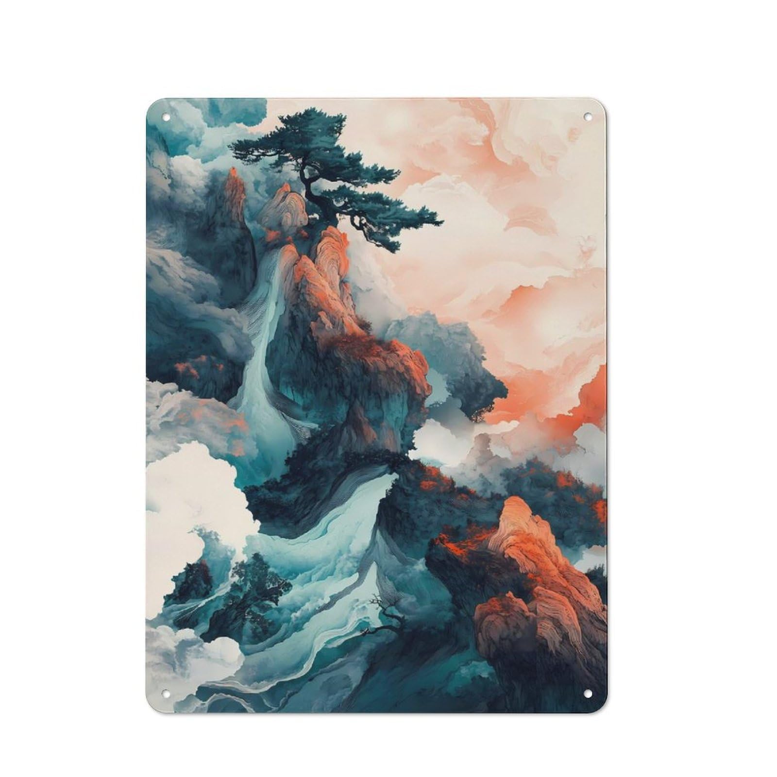 Junmoney Mountain Dreamscape Landscape Bonsai Clouds Retro Tin Wall Plaque 40X30cm For Home Office Or Studio, Wall Decoration For Home Offices And Studios