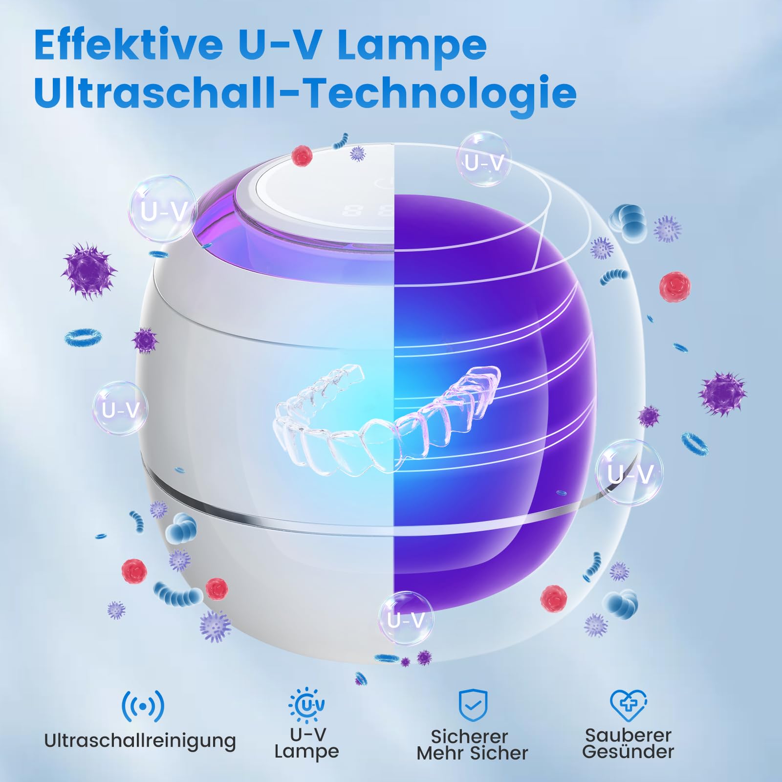 SEANCHEER Ultraschallreinigungsgerät 48000Hz Ultraschallreiniger 180ML | Ultrasonic Cleaner mit UV Lampe Ultraschallbad für | Zahnersatz | Retainer | Aligner | Prothesen | Zahnschiene | (Weiß)