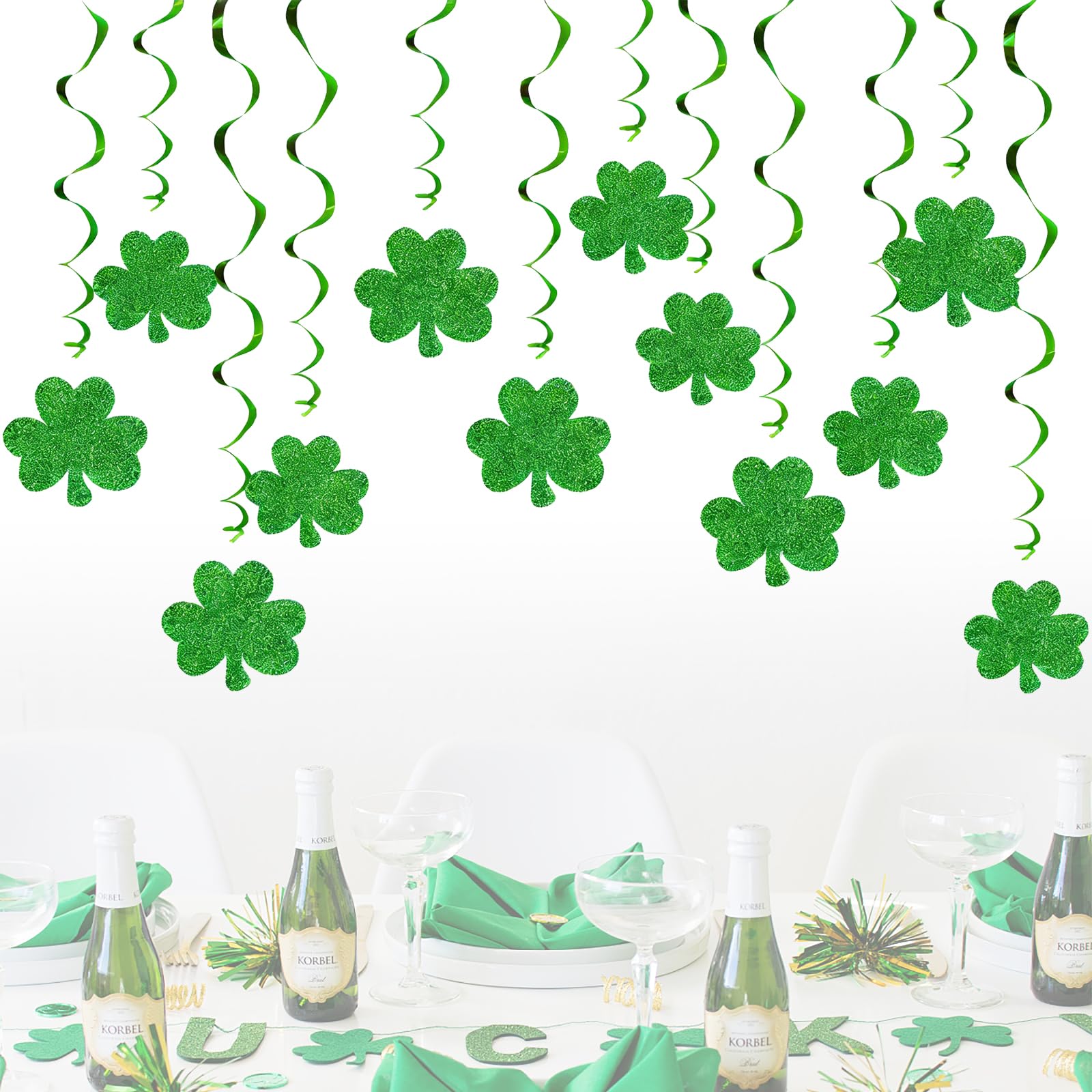 12 Pcs St. Patrick’s Day Hanging Swirl Decorations, St Patricks Green Foil Streamers, Green Shamrock Paper Pendants Hanging Swirl Streamers for Room Ceiling Window Door Indoor Outdoor