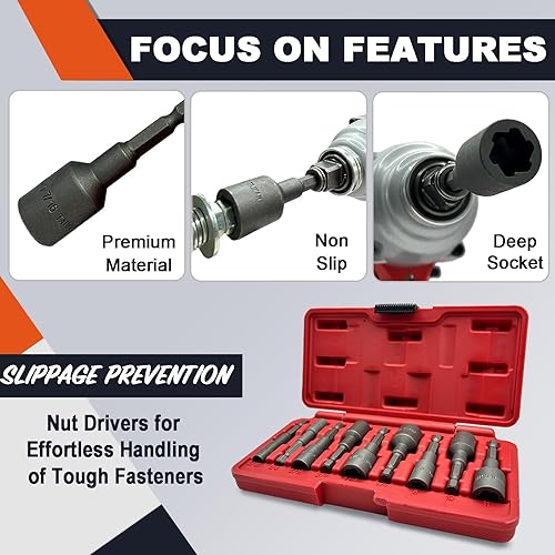 Miniatura 5 de Juego de 9 destornilladores y tuercas antideslizantes para taladro de impacto Juego de brocas de cabeza hexagonal de 14 pulgadas (SAE 316", 14",