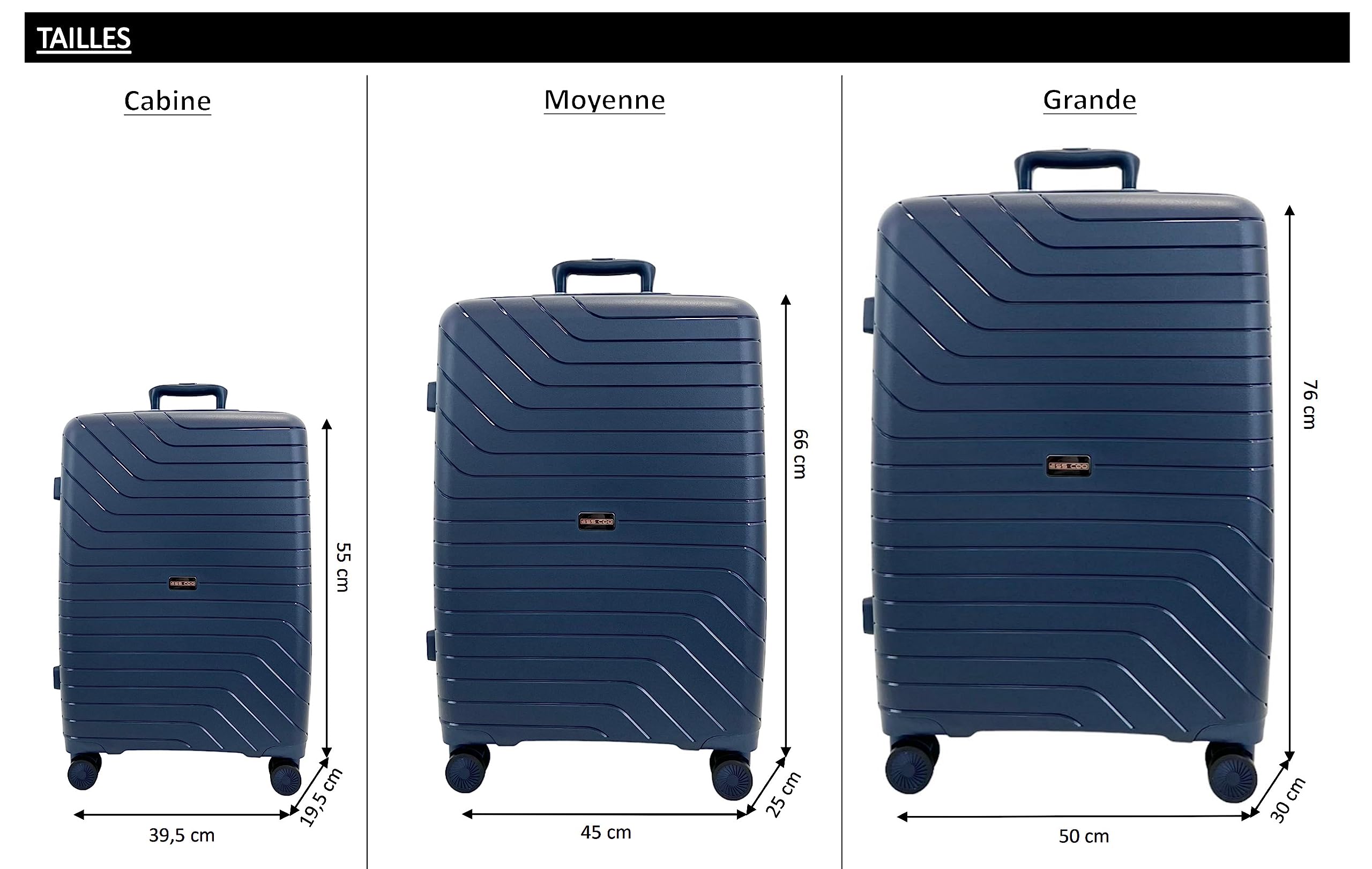 Set de 3 Valises/Bagages Rigides incassable en Polypropylène (PP) à 4 roulettes pivotantes avec Serrure TSA intégré (Bleu Marine, Set de 3)
