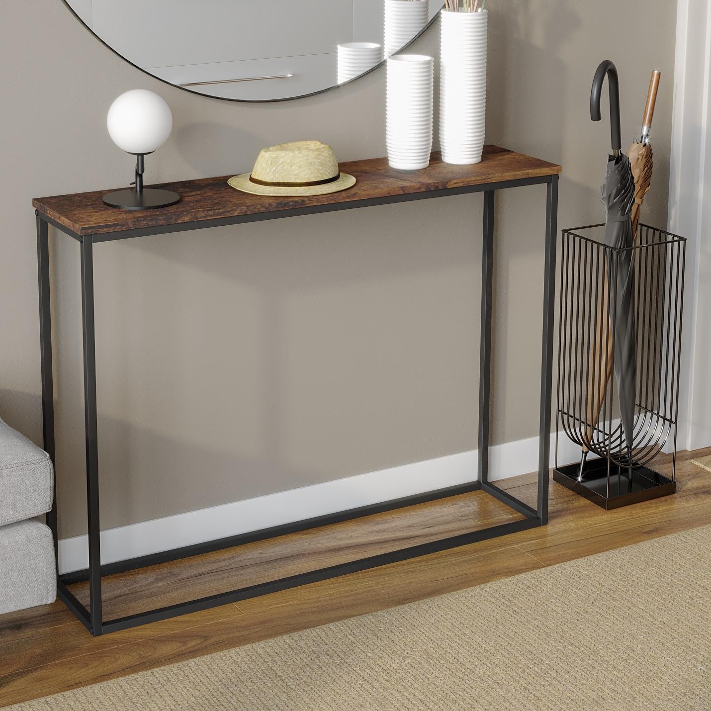 URBNLIVING Wooden Hallway Console Table with Metal Legs (Rustic Brown)