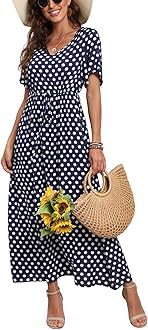 Womens Summer Maxi Boho Beach Dress Floral Print Dress V Neck Short Sleeve Drawstring High Waist Flowy Long Midi Dresses