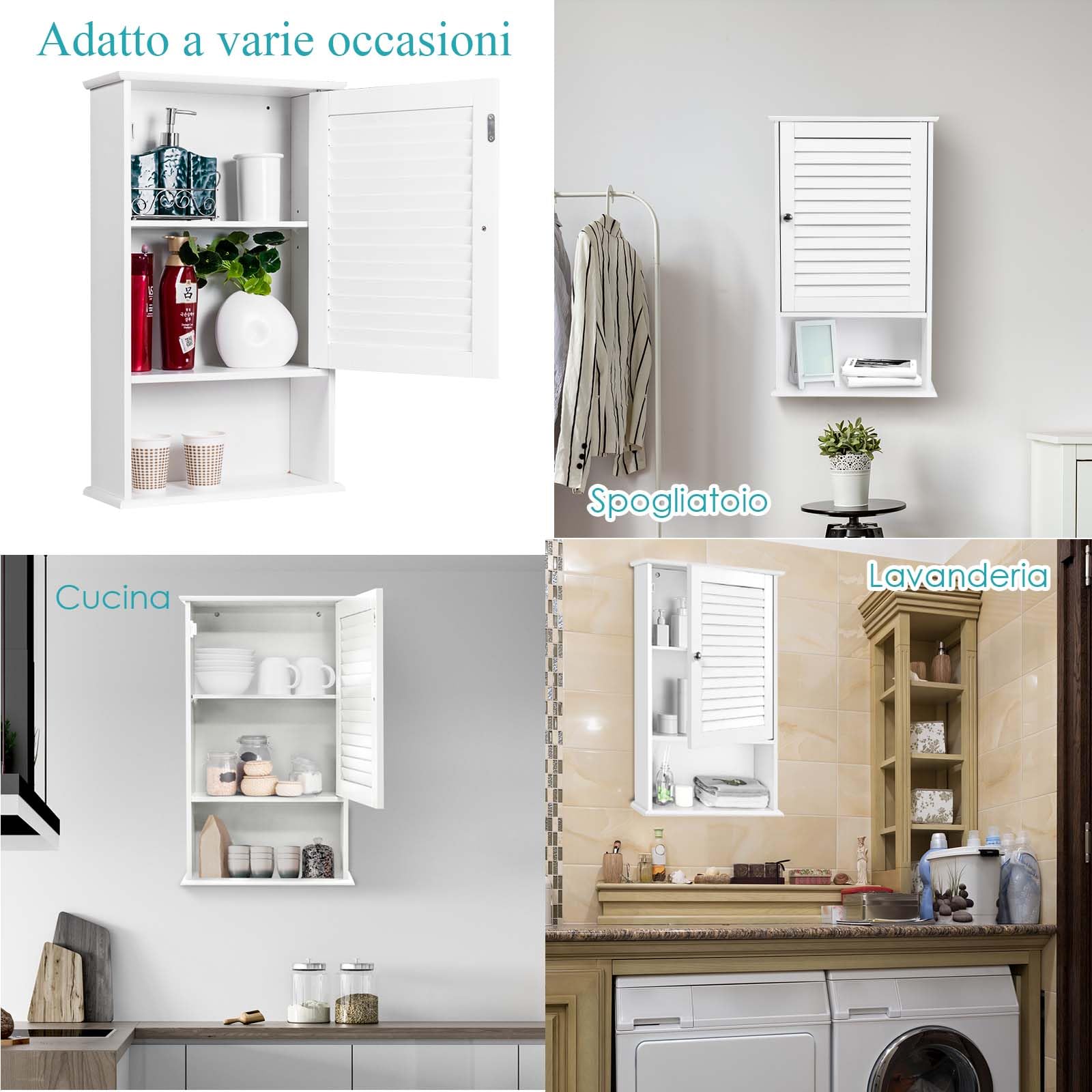 LIFEZEAL Pensile Bagno, in Legno, Mobiletto Bagno Salvaspazio, 42x17x70 cm, Pensile con Ante a Persiana e Mensola Aperta, Armadietto Sospeso con Ripiano Regolabile, Mobile da Muro per Cucina (bianco)