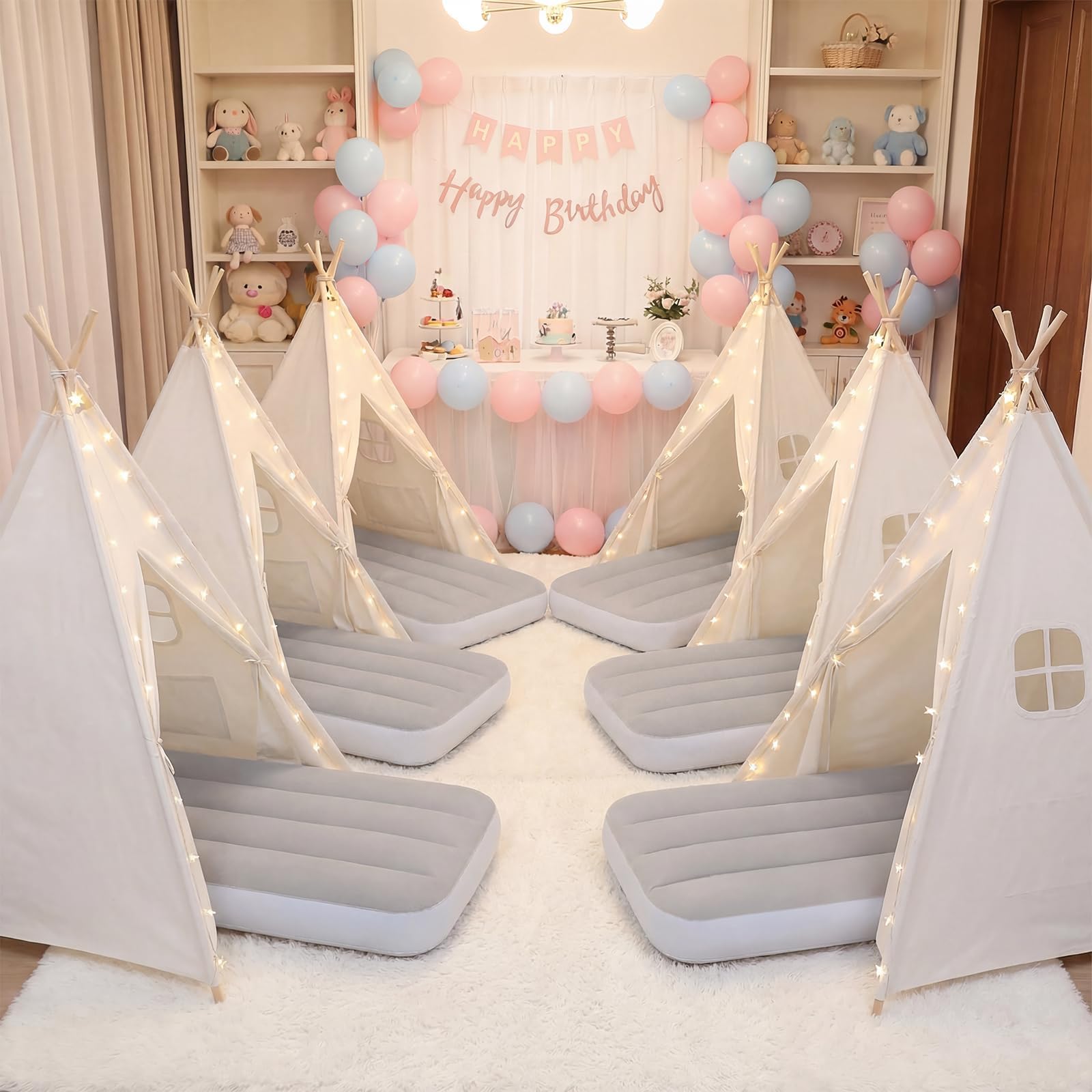 wilwolfer 6 Pack Kids Teepee Tent Bulk with Inflatable Airbed & Light, Natural Toddler Play Tent for Girls Boys Indoor Sleepover Slumber Party Birthday Gifts