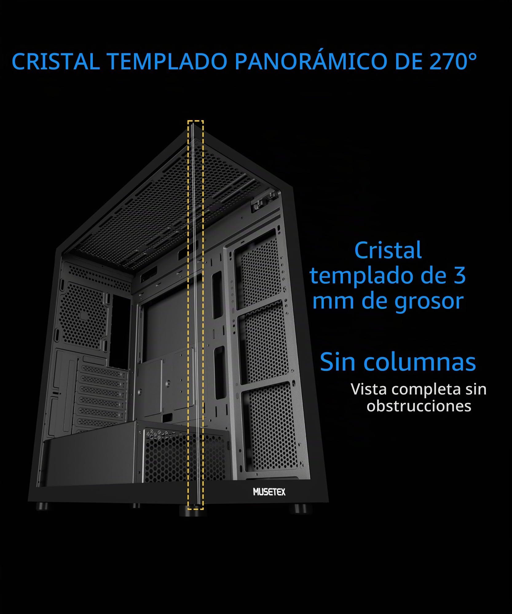 MUSETEX Caja PC ATX Mid Tower con 7 Ventiladores PWM ARGB Pre-Instalados, Doble Cristal Templado Full View, Gaming PC Case, Negro
