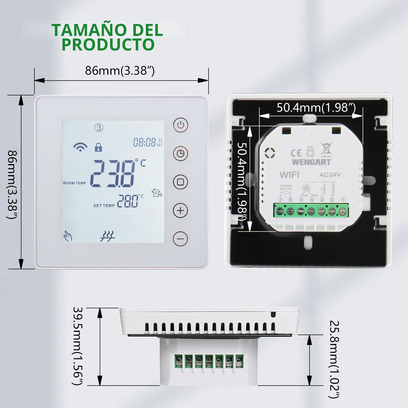 Wengart 24V WiFi Termostato de Ambiente de calefacción WG201,3A 2.4GHz Tuya App programable en 7 días, Teclas táctiles, retroiluminación, para Sistemas de Calentamiento de Agua