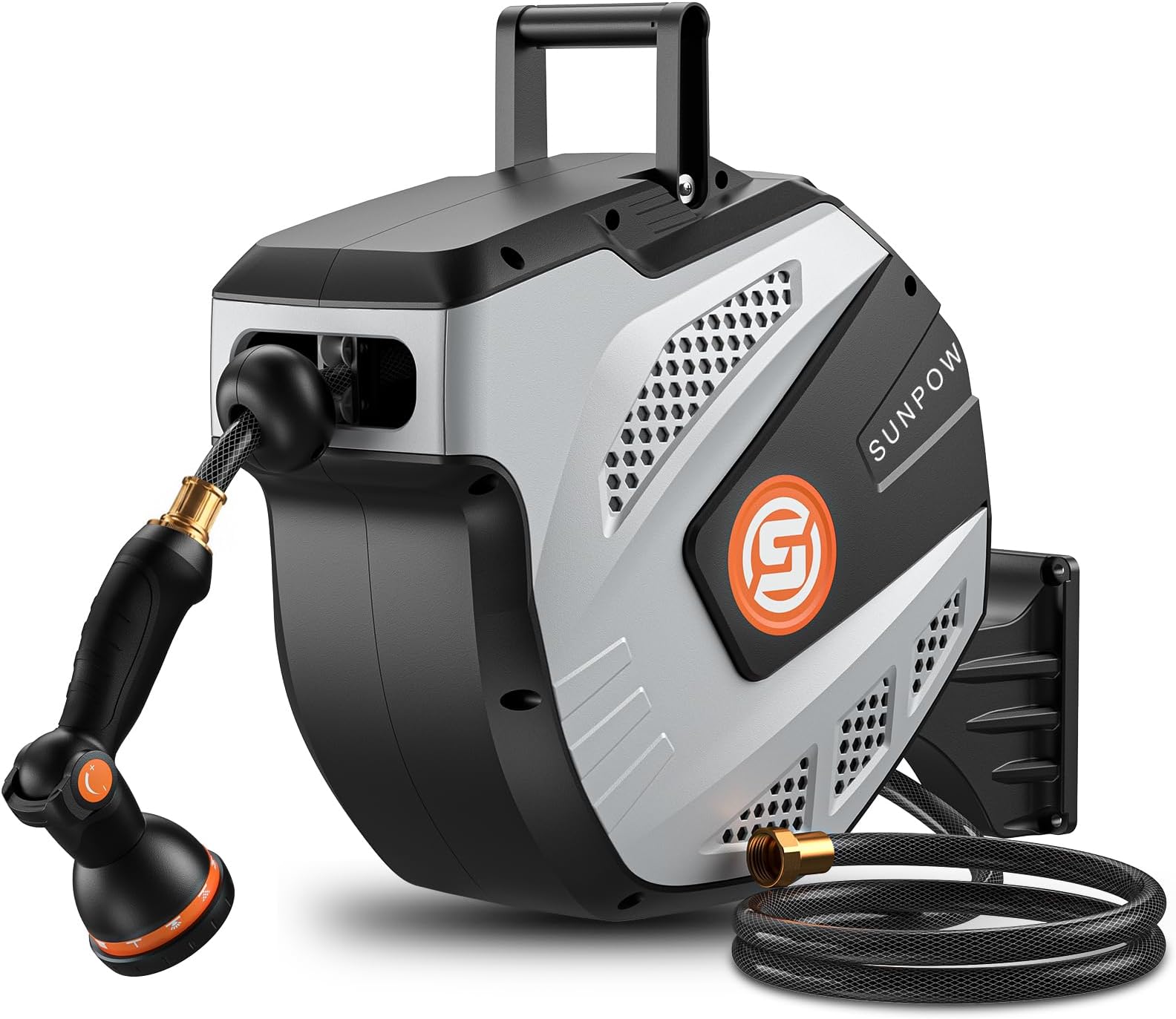 SUNPOW Retractable Garden Hose Reel - 1/2 inch x 50ft Heavy Duty Wall Mounted Hose Reel with 3/4 inch Brass Fitting & 10 Sprayer Nozzle - Any Length Lock, Auto Rewind System, 180ยฐSwivel Bracket- Grey