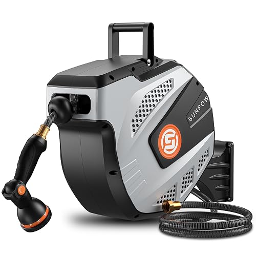 SUNPOW Retractable Garden Hose Reel - 1/2 inch x 50ft Heavy Duty Wall Mounted Hose Reel with 3/4 inch Brass Fitting & 10 Sprayer Nozzle - Any Length Lock, Auto Rewind System, 180°Swivel Bracket- Grey