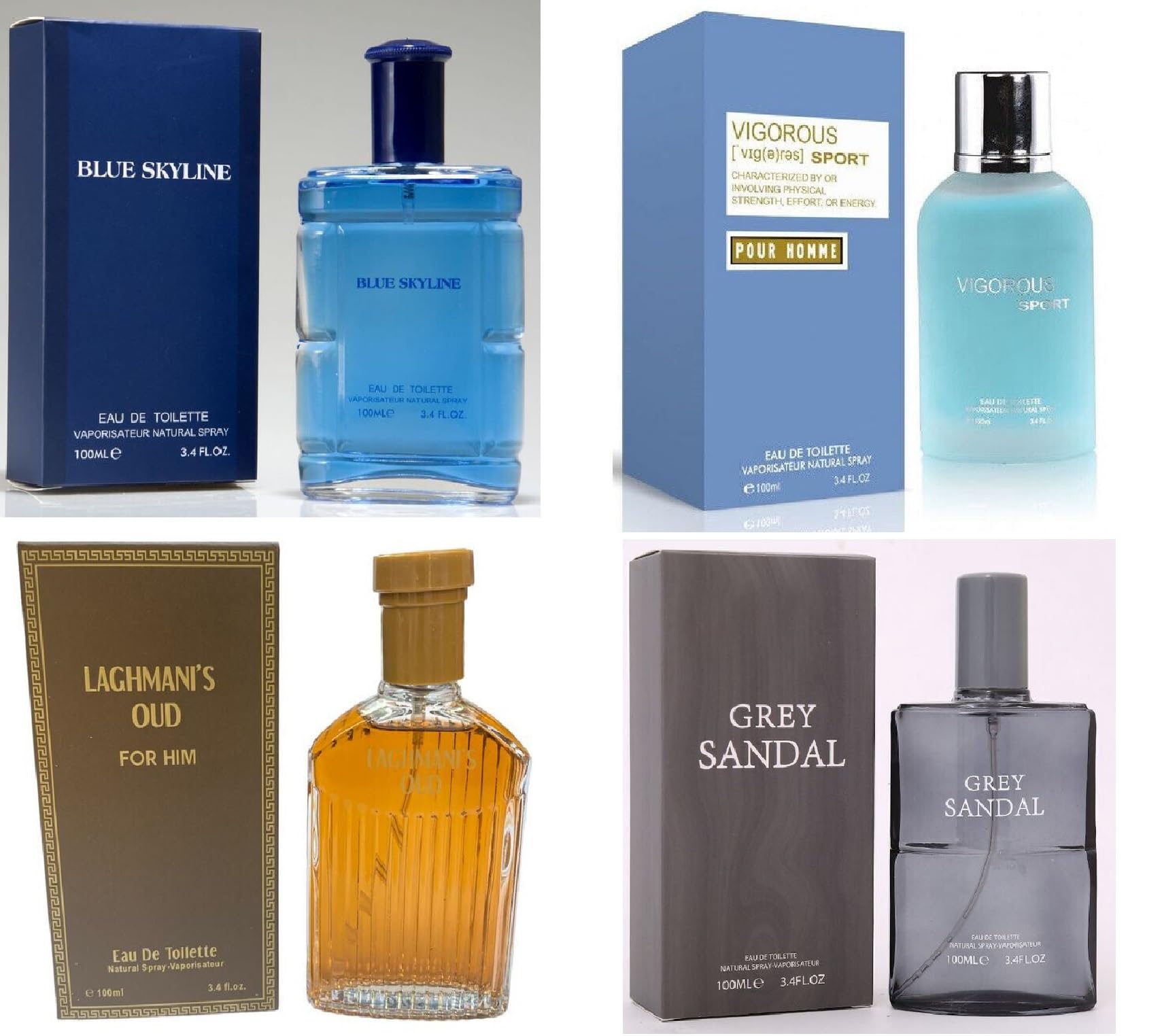 Modaleo Collections -4 Pack Blue Skyline Vigorous Laghmani’s Oud Grey Sandal Parfum for Men’s Men's unisex Perfume EDP 100ml