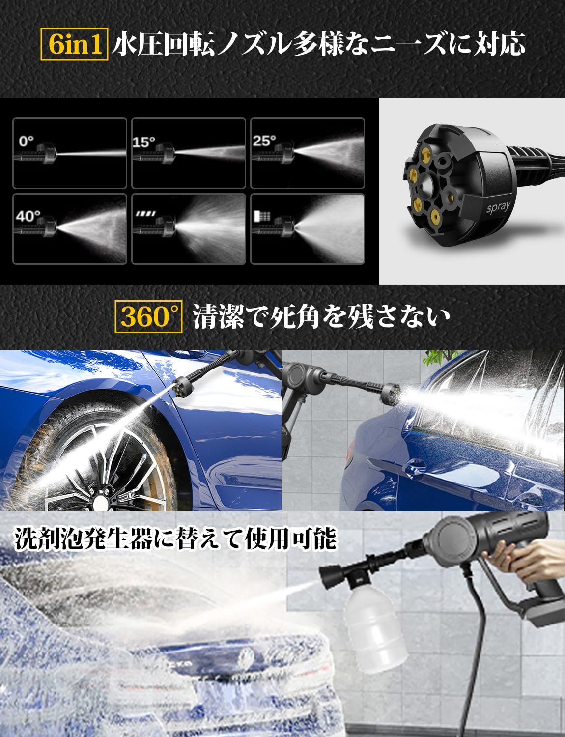 Amazon | Le Dzx 高圧洗浄機 コードレス 充電式 22500mAh 大容量バッテリー 6in1多機能ノズル 8MPa 噴射距離10M  300Wブラシレスモータ自吸式 ポータブルガン洗車機 家庭用 高性能 持ち運び便利 PSE認証済洗浄機 日本語取扱説明書付き エアコン 浴室 玄関  ベランダ 年末 ...