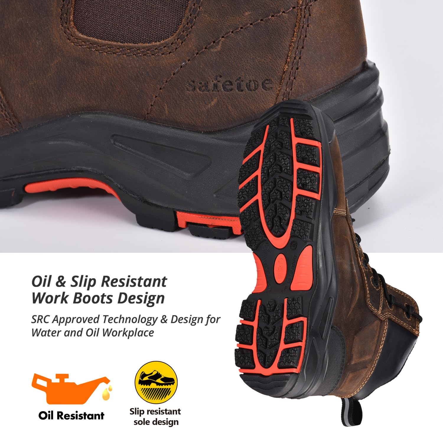 SAFETOE Sicherheitsstiefel M-8552 Herren Wide Fit Composite Toe Arbeitsstiefel ESD antistatisch wasserbeständiges Rindsleder Heavy Duty Anti-Nagel Composite Platte Anti-Rutsch Pu Gummisohle S3 SRC