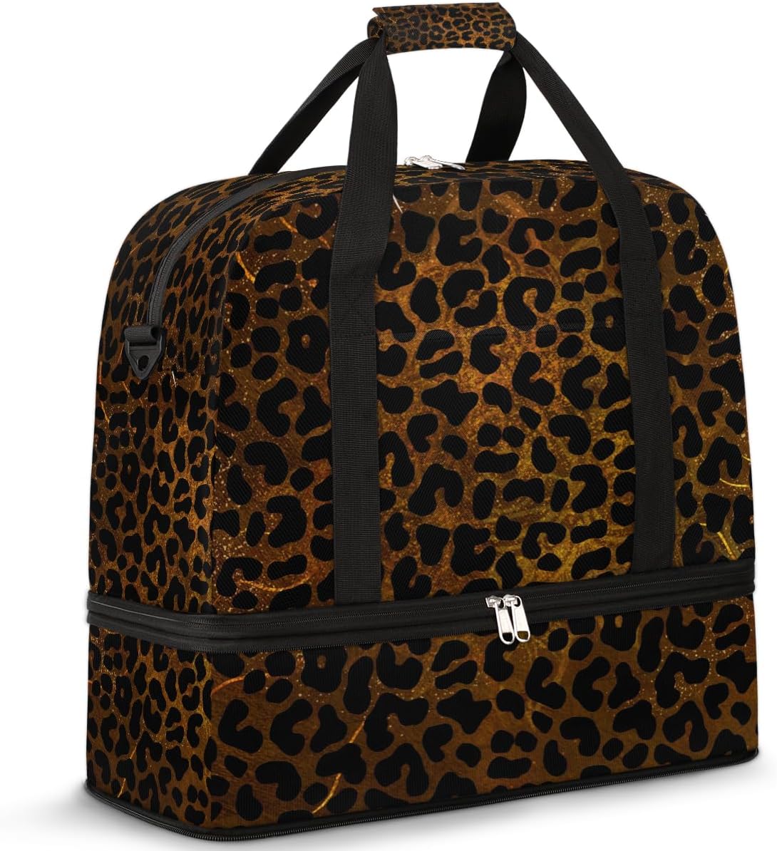Leopard Print Gold Skin Large Weekender Overnight Bags Travel Duffel Bag for Women Men Gym Bag With Shoe Compartment Foldie Travel Tote Bag Carry On Personal Item Bag for Travel Gym Sports