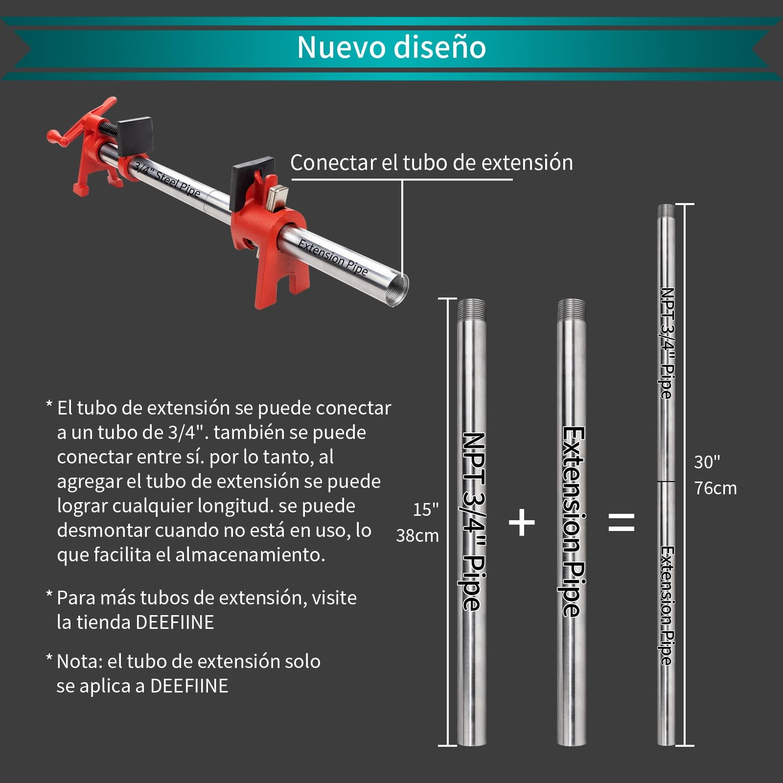 Juego de abrazaderas de tubo para pegar madera de 3/4 pulgadas estilo H profesional con tubo de acero de 76 cm. Límite de carga resistente de 800 kg, para carpintería