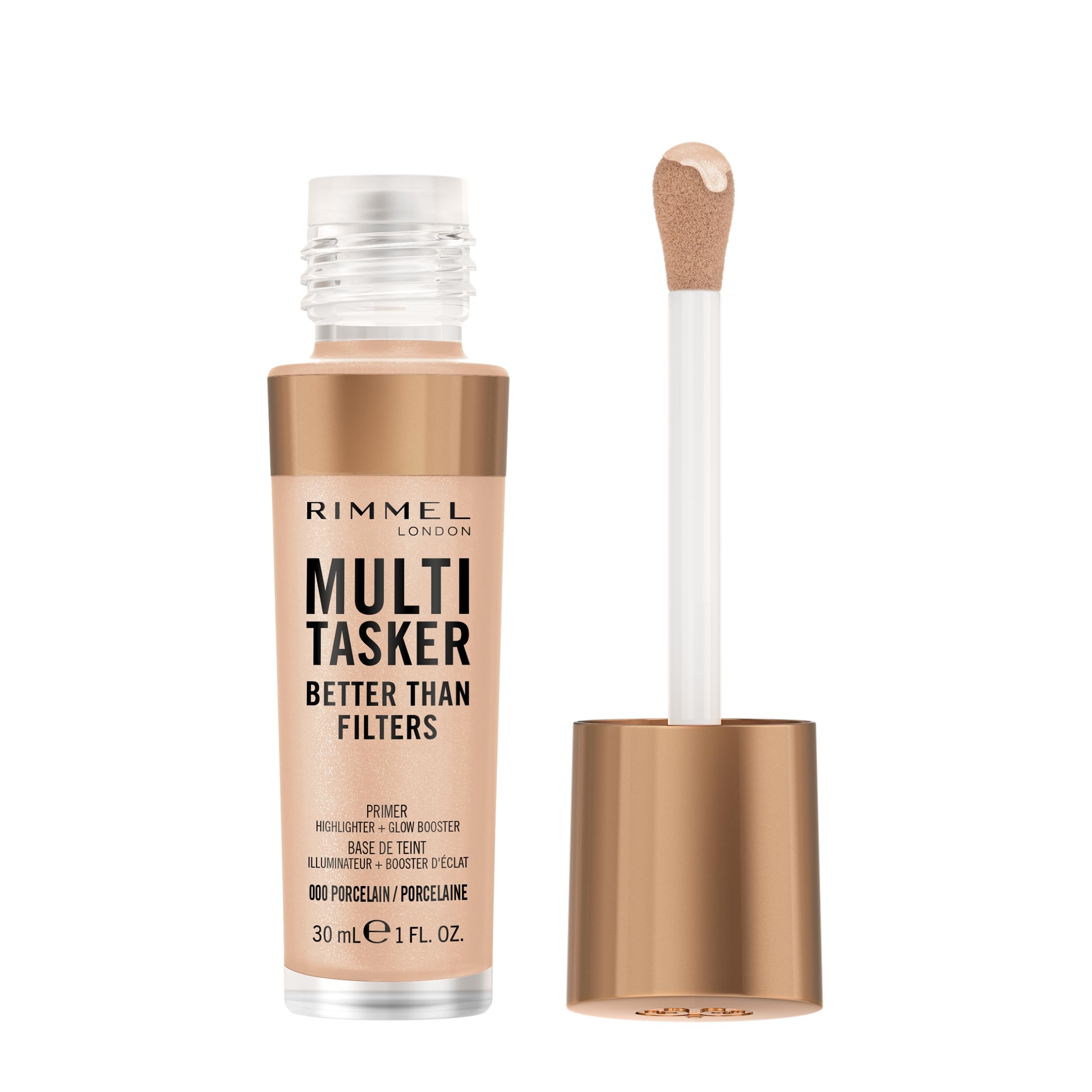 Rimmel Multi Tasker Better Than Filters, 000 Porcelain, 3 in 1 Face Primer, Glow Booster and Highlighter, Flawless Finish, Infused with Vitamin C and E, Maxi Soft Applicator, Vegan, 30ml