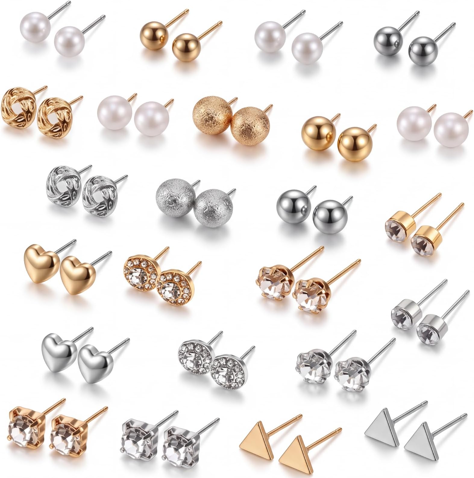 24 Pairs Stud Earrings, Crystal Pearl Stud Earrings for Women