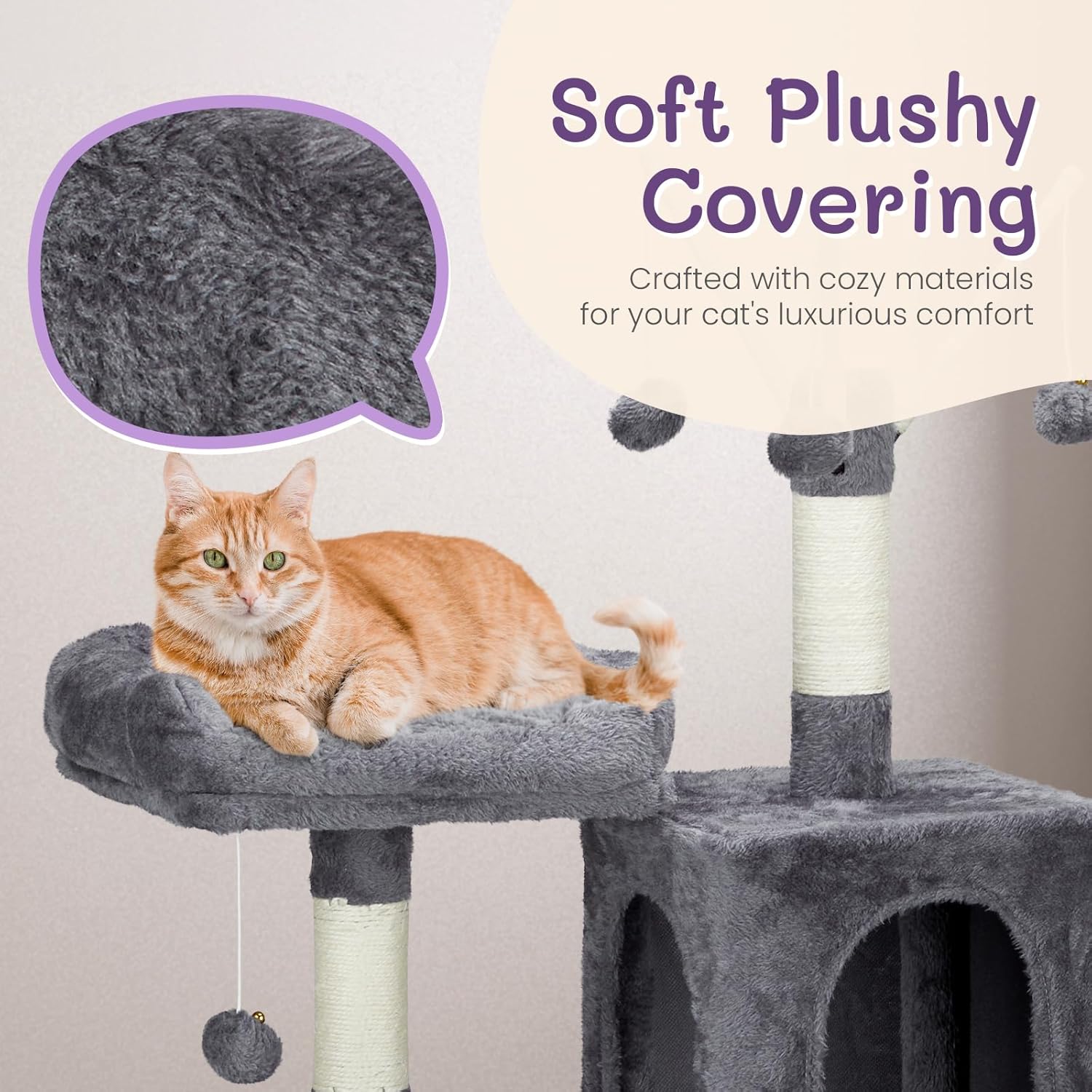57 inch Cat Tree Cat Tower for Indoor Cats, Cat House with Padded Platform Bed, Toy Balls, Large Cozy Condo and Sisal Scratching Posts, Dark Grey