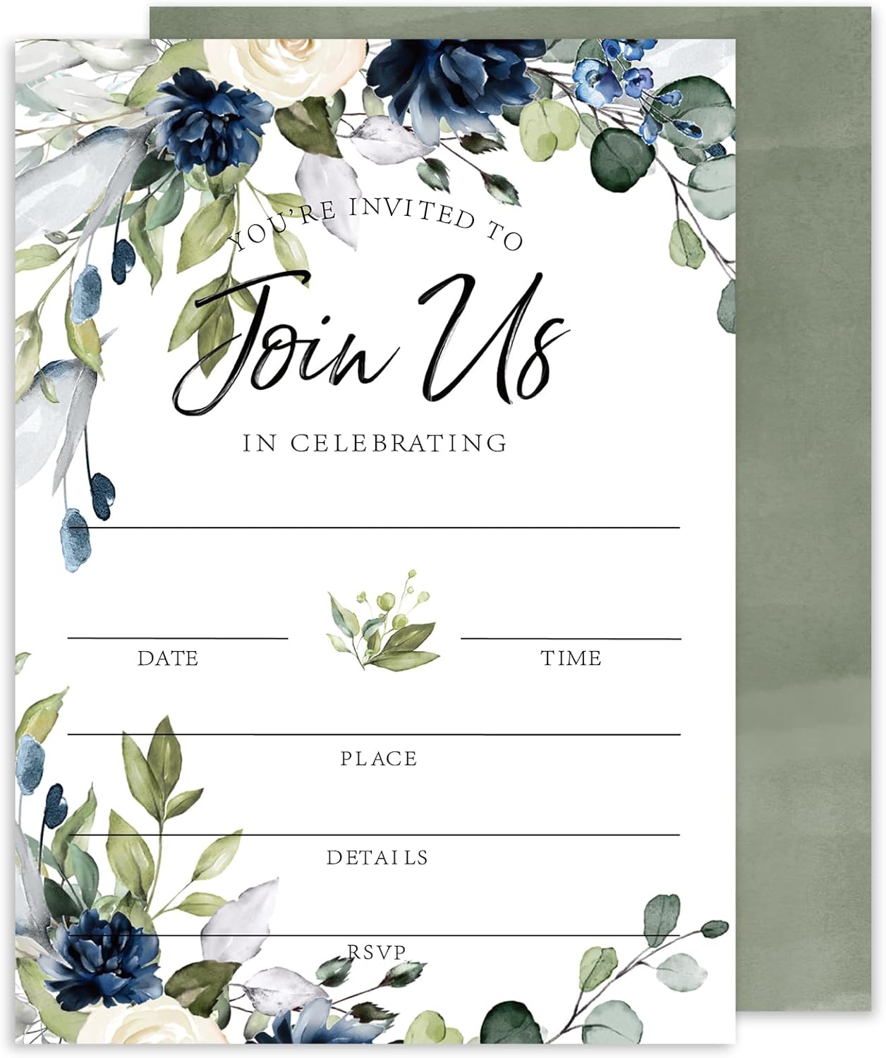Whaline 25 Sets Watercolor Blue Floral Invitations with Envelopes & Stickers - 5x7 Blank Cards for Wedding, Baby Shower, Birthday Parties