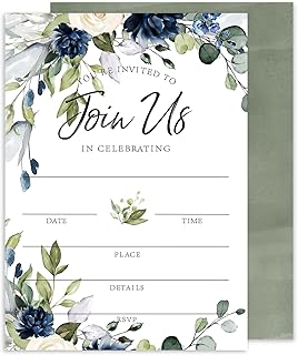 Whaline 25 Sets Floral Invitations with Envelopes Stickers Watercolor Blue Flower Invitation Cards Blank Invites for Wedding Reception Bridal Baby Shower Birthday Dinner Party, 5 x 7 Inch
