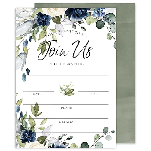 Whaline 25 Sets Floral Invitations with Envelopes Stickers Watercolor Blue