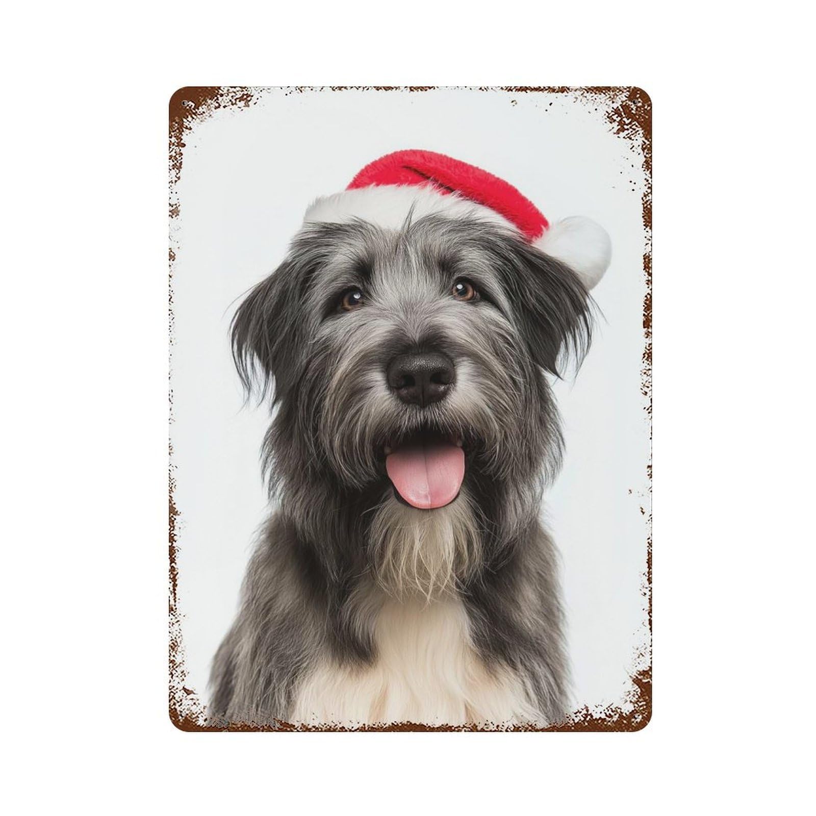 Aged Metal Wall Plaque with Briard Dog with Santa Hat Design 15.7"x11.8", for Basement, Hobby Room And Garage Decor, Farmhouse Wall Decor