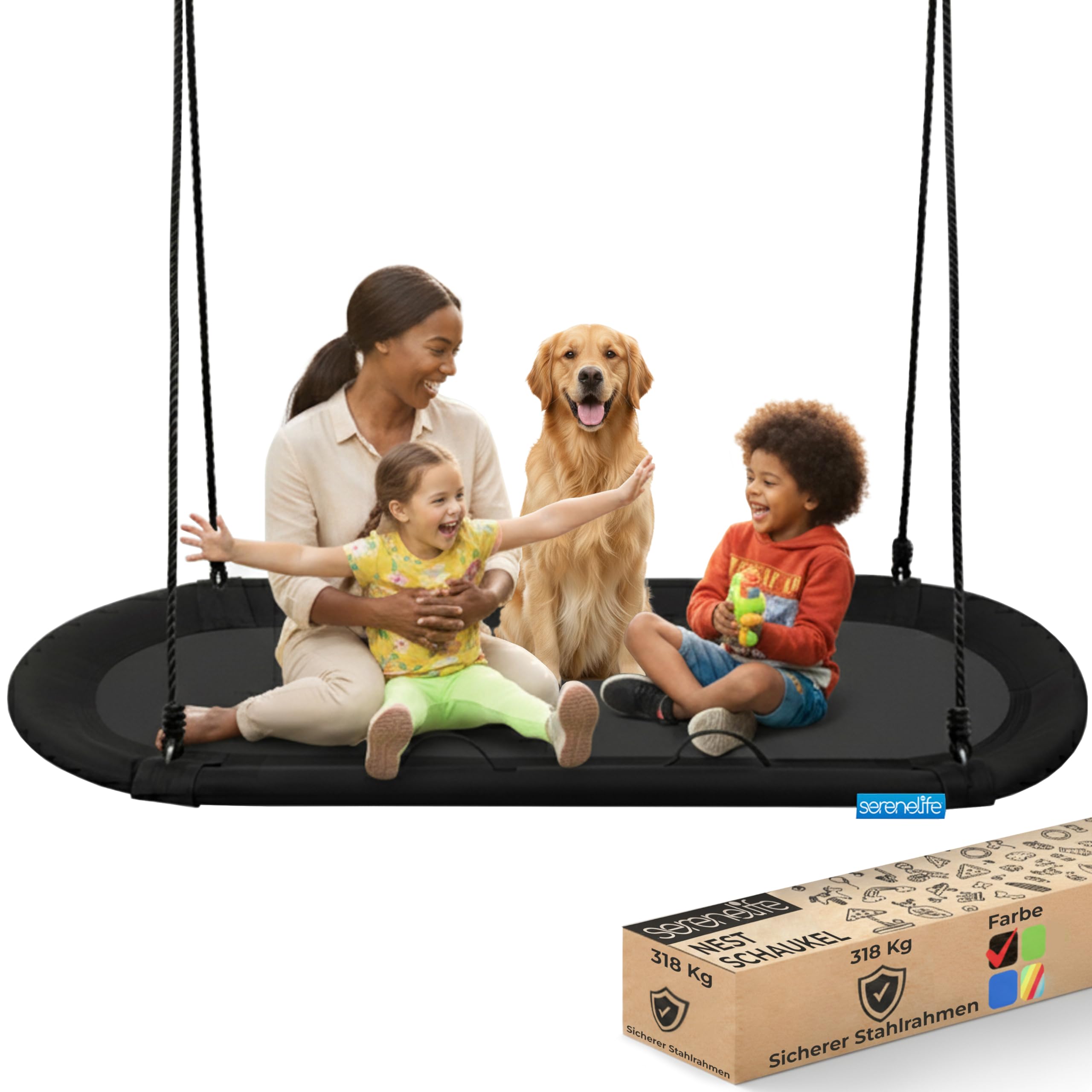 SereneLife Nestschaukel Indoor Outdoor, 170 cm Kinder Schaukel, bis 320 kg belastbar, ovale Baumschaukel mit Kissen für Garten, Kinder & Erwachsene, Schwarz