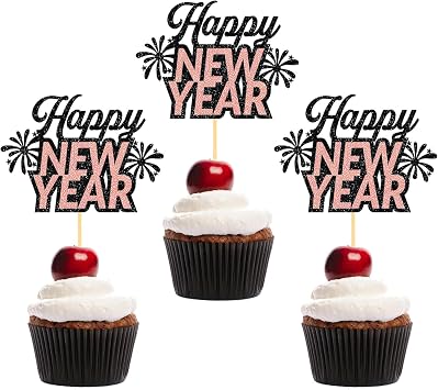 24 PCS Happy New Year Cupcake Toppers, Glitter 2026 Cake Topper for New Years Eve Party Decorations Supplies New Year Rose Gold
