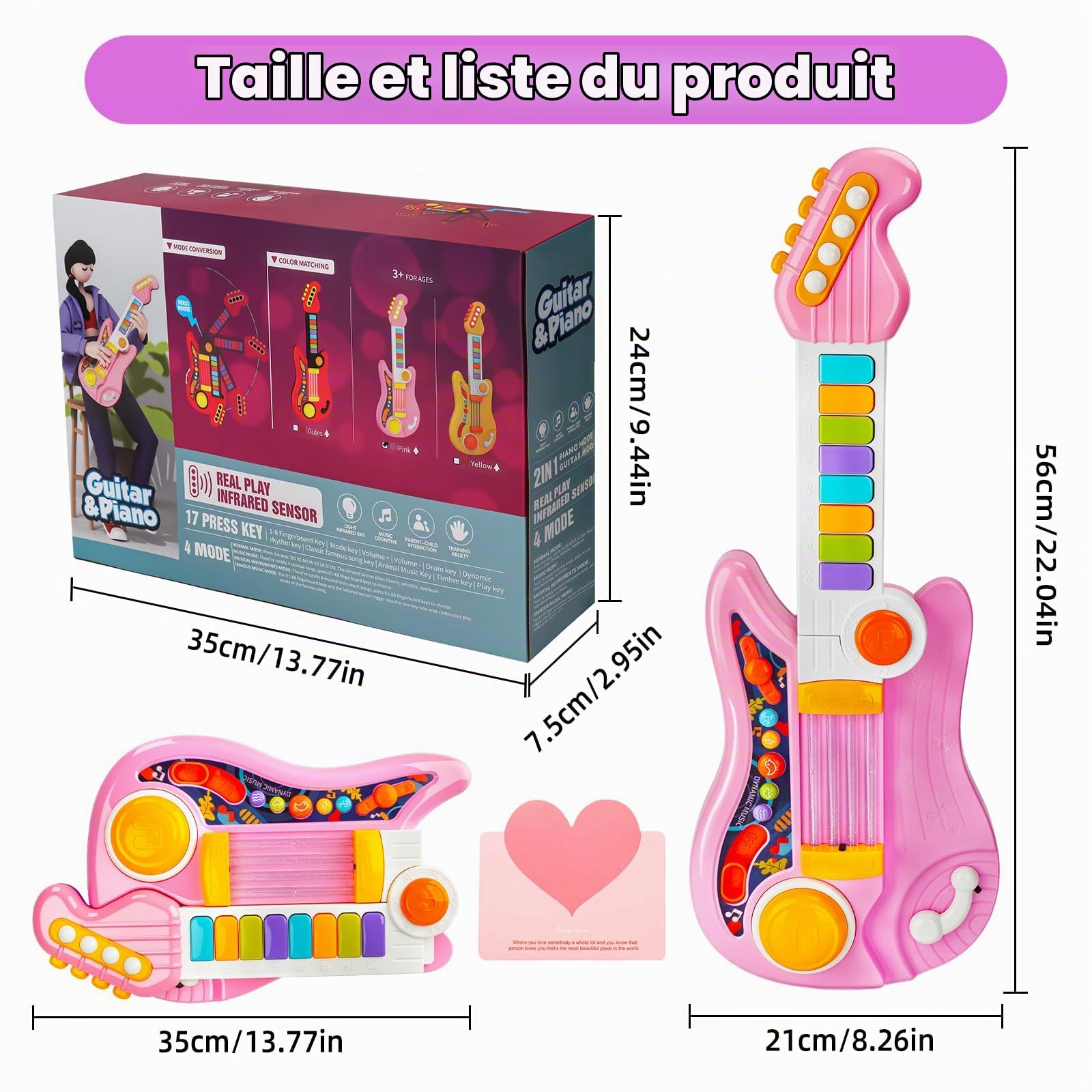 Guitare Électrique et Piano 2 en 1, Jouet Musical pour Enfant, 4 Modes de Jeu, Rose, Cadeau pour Enfants de 2 à 5 Ans