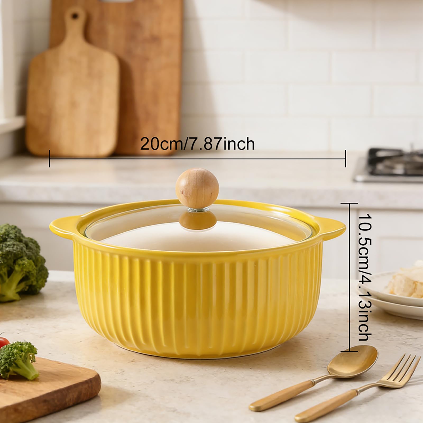 Plats à Four en Céramique 800 ml, Plats de Ronds Cuisson avec Poignées, Bol Ramen avec Couvercle, pour Viande, Légumes, Plat Four pour Friteuse à Air Chaud, Four, Micro-ondes, Jaune