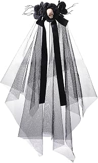 Halloween Gothic Black Rose Bow Skull Lace Veil with Comb Wedding Bridal Veil Cosplay Hair Accessory for Halloween Party