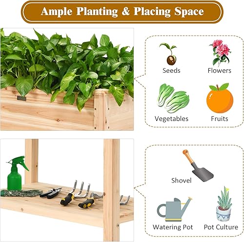 Miniatura 3 de Giantex Cama de jardín elevada, jardinera de madera elevada, kit de cama de jardín de pie con patas y estante de almacenamiento para hierbas de