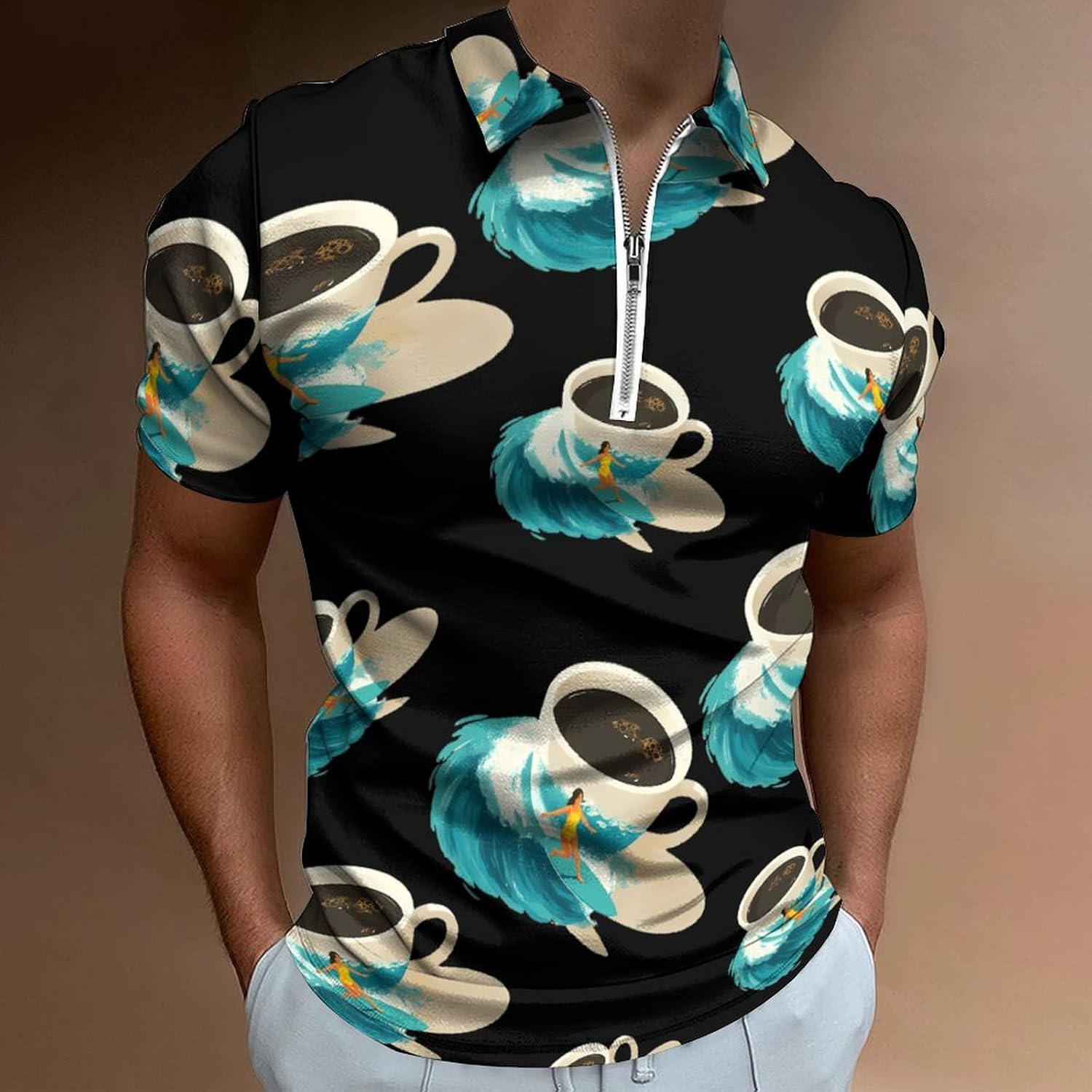 Surf and Coffee Lover Polo Shirts for Men Short Sleeve Athletic Golf Tees Tops