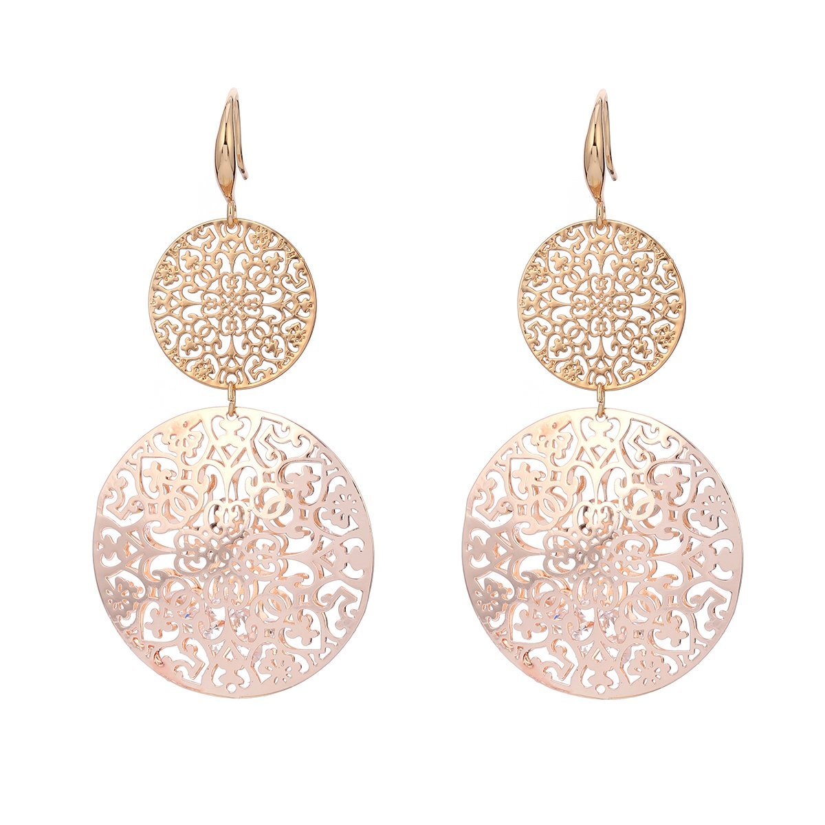 Orecchini pendenti da donna e ragazza, a forma di fiore cavo, in acciaio INOX placcati in oro rosa con cristallo