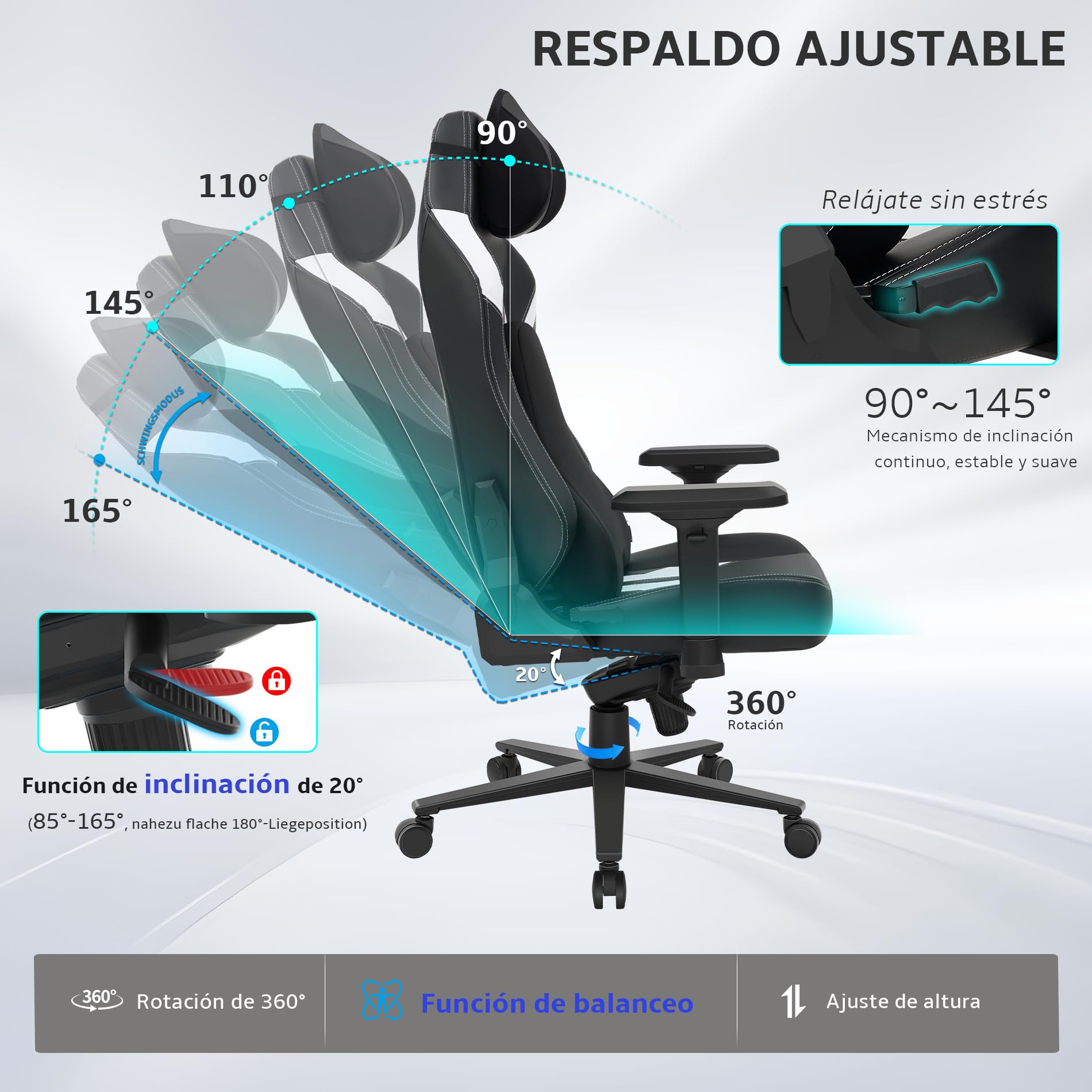 Silla Gaming ergonómica, Silla Escritorio Gaming Carga 200kg | Sillon Gamer con Reposacabezas, Cojín Lumbar, Reposabrazos 4D, Mecanismo basculante, Base Reforzada，PU Negro y Ante Blanco