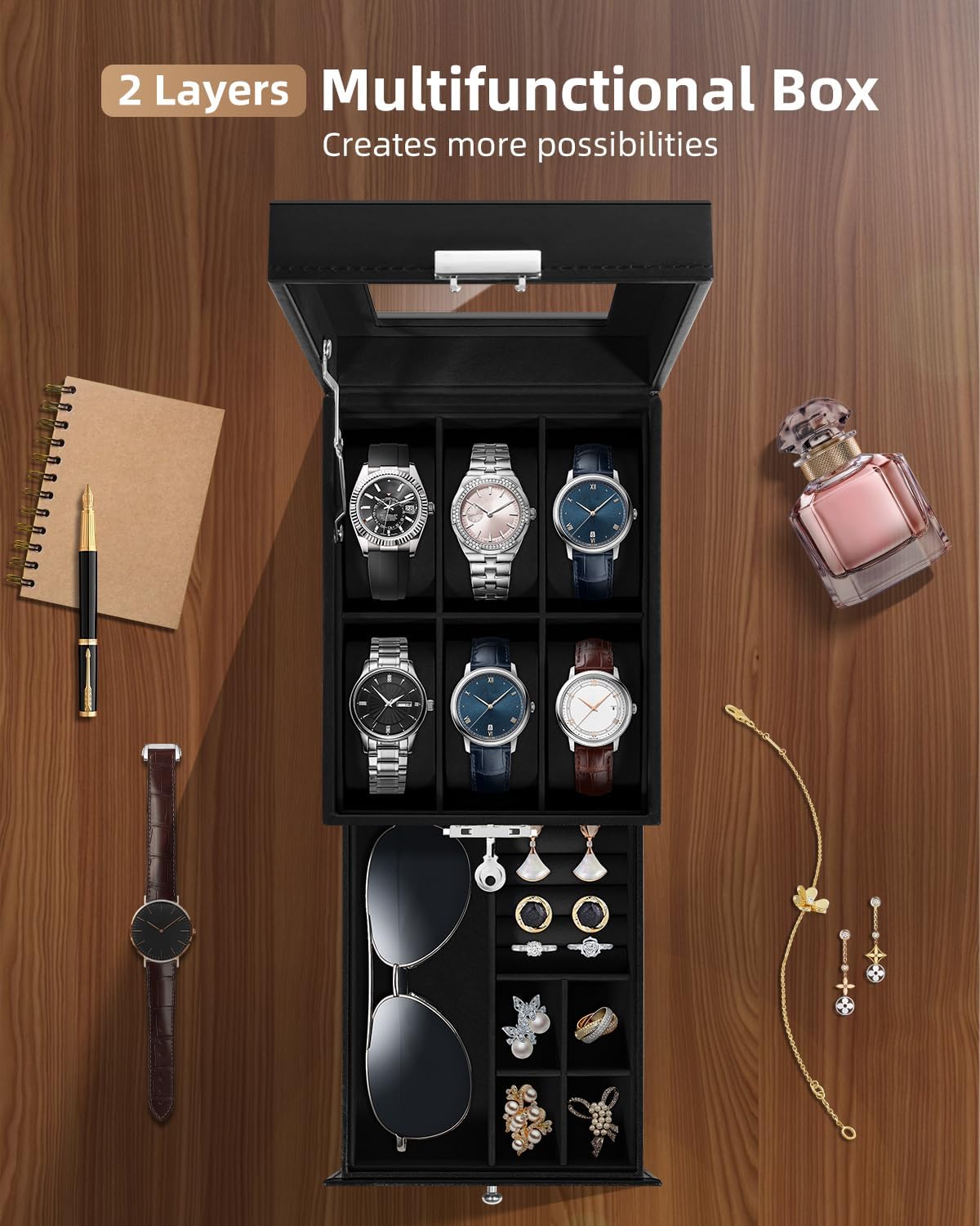 Uten 6-Slot Watch Box, 2-Layers PU Leather Watch Case with Glass Lid, Watch Holder Organizer with Soft Pillow and Velvet Lining, Watch and Jewelry Storage Box, Black
