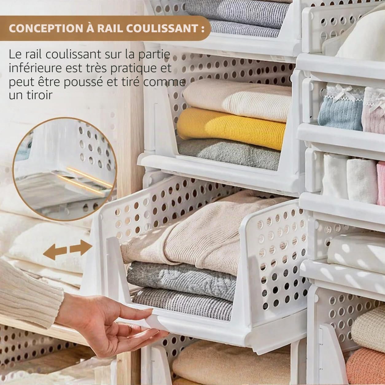 RMAN 4 pcs Organisateur Armoire Vetement Plastique Boite Rangement Vetement | Pliable, Empilable, Organisateur Tiroir Coulissant, Penderie, Dressing, Chambre, Blanc