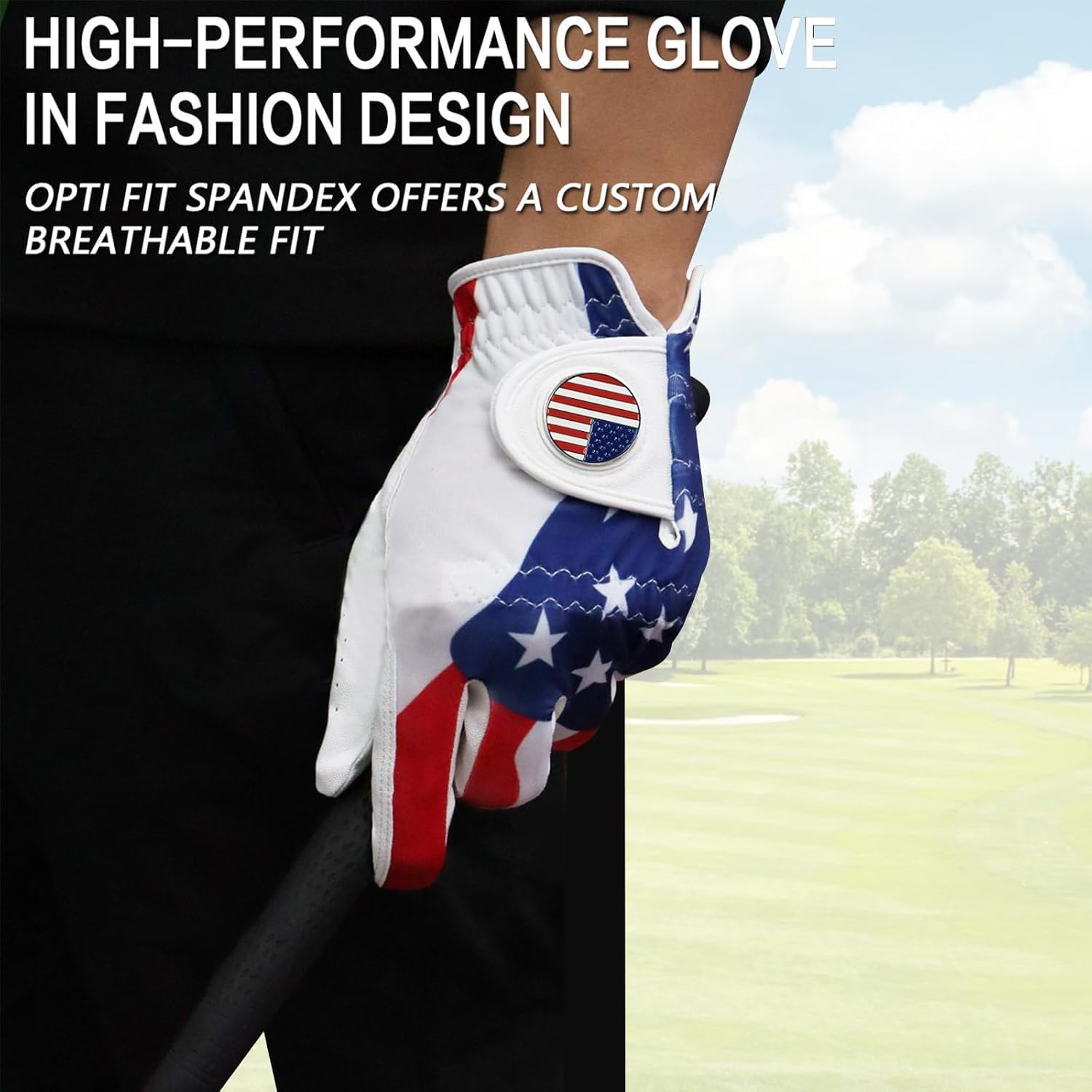 Golf Gloves Men Right Hand Left with Ball Marker USA Flag Blue Camo Plaid 3 Pack, Mens Golf Glove All Weather Grip Small Medium ML Large XL