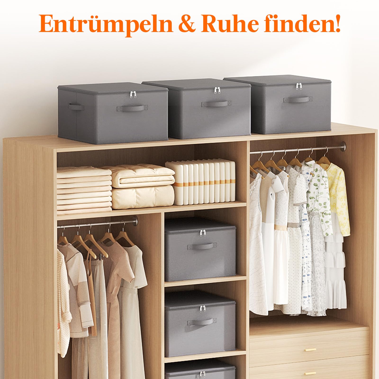Lifewit 60L Aufbewahrungsbox mit Deckel, 6er-Pack Stoffbox mit Griff, Grau | Faltbare Schrank Organizer, Aufbewahrung für Kleidung, Vliesstoff, 56 x 32 x 33 cm