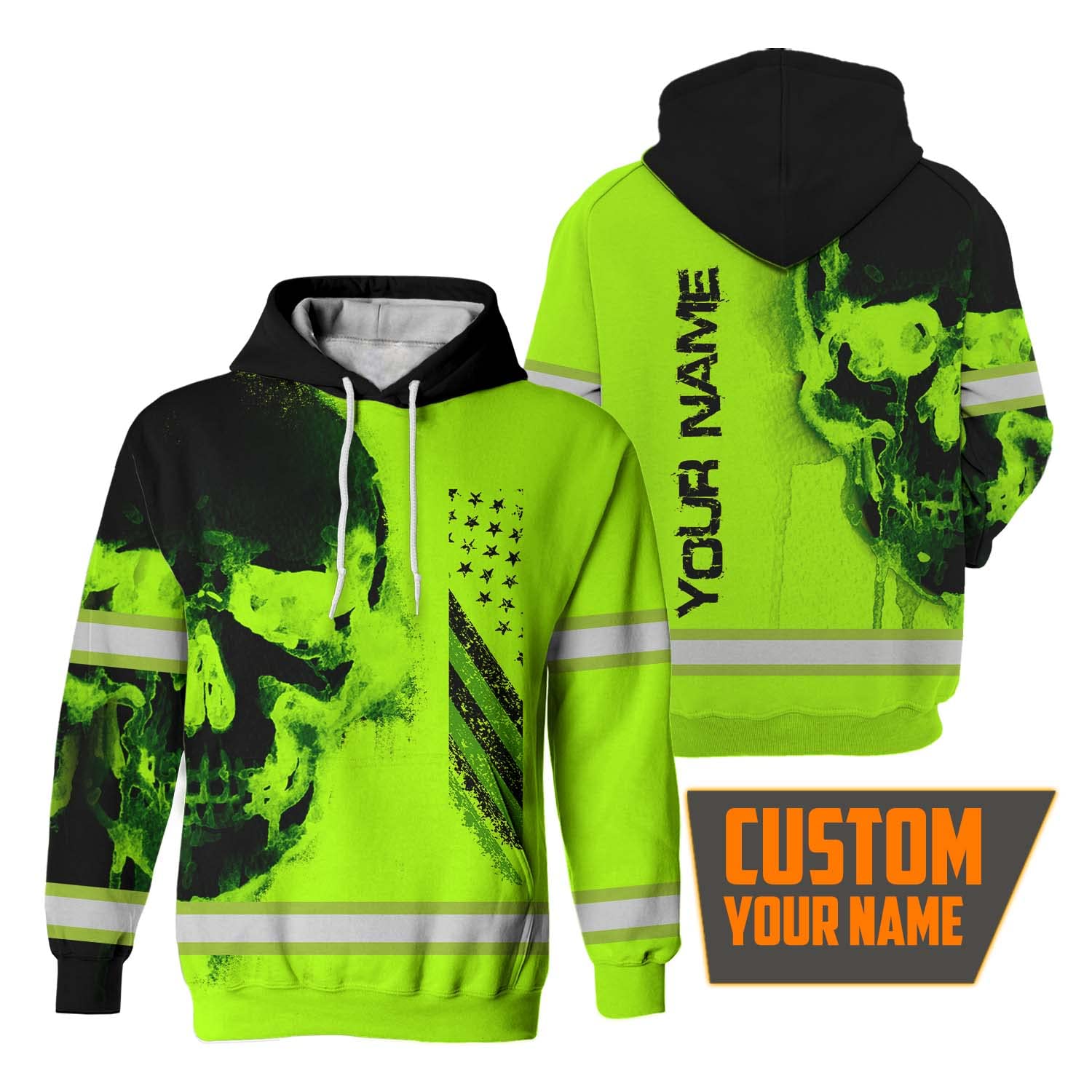 HiVis Custom Black Skull USA Flag High Visibility Hoodie Men Custom Name Class 3 Reflective Tape Safety Workwear for Workers, Patriotic, Operator, Truckers