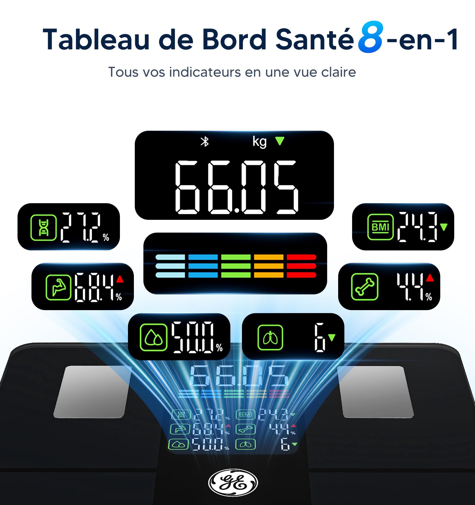 Balance Connectée Smart GE Pese Personnes avec Grand Écran 14 Données Corporelles Masse Graisseuse et Musculaire IMC Bluetooth 180 kg Noir