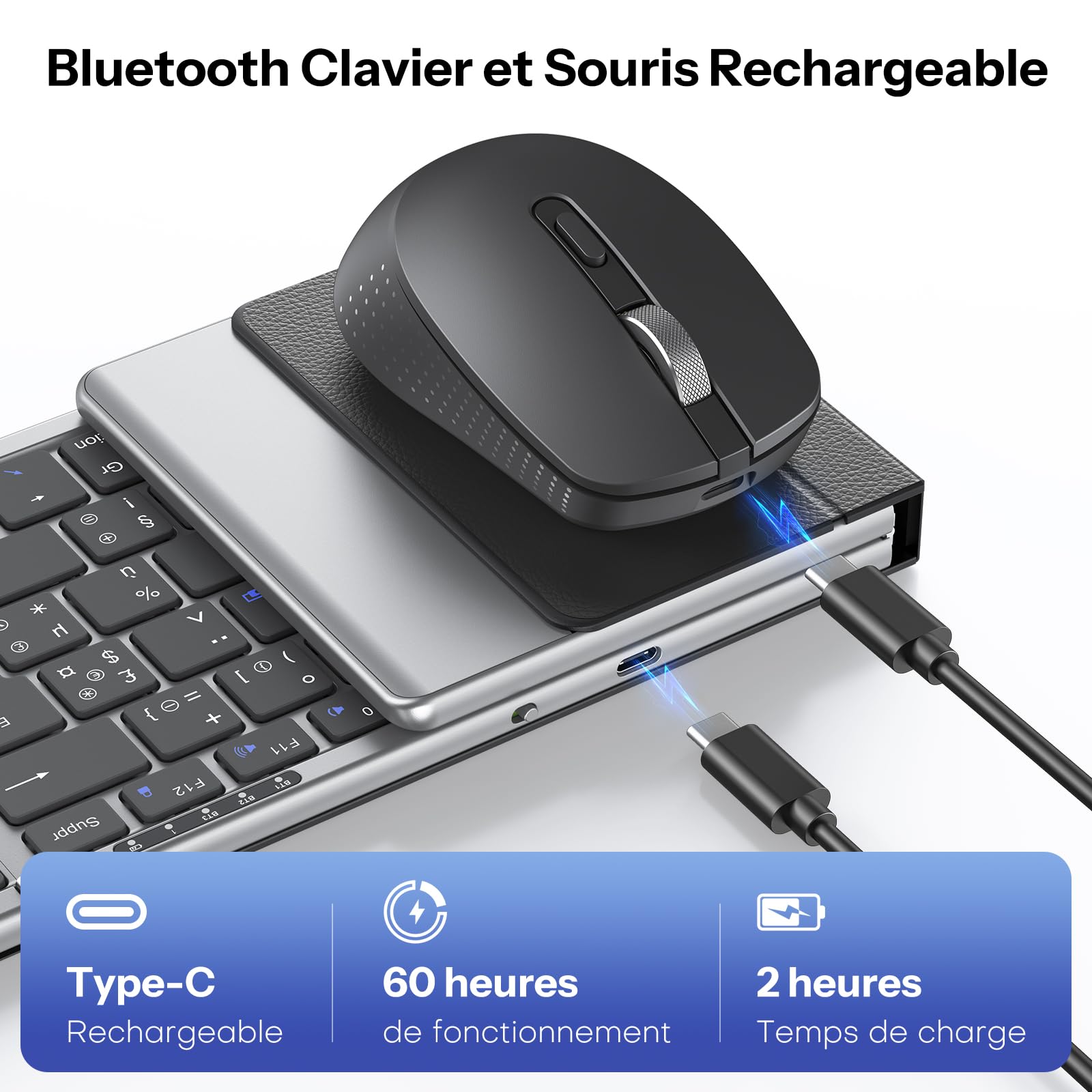 OMOTON Tastiera e mouse wireless pieghevole con tastierino numerico, tastiera bluetooth AZERTY ricaricabile, full-size portatile Keyboard per Android Windows iOS Mac iPad Tablet PC - grigio siderale